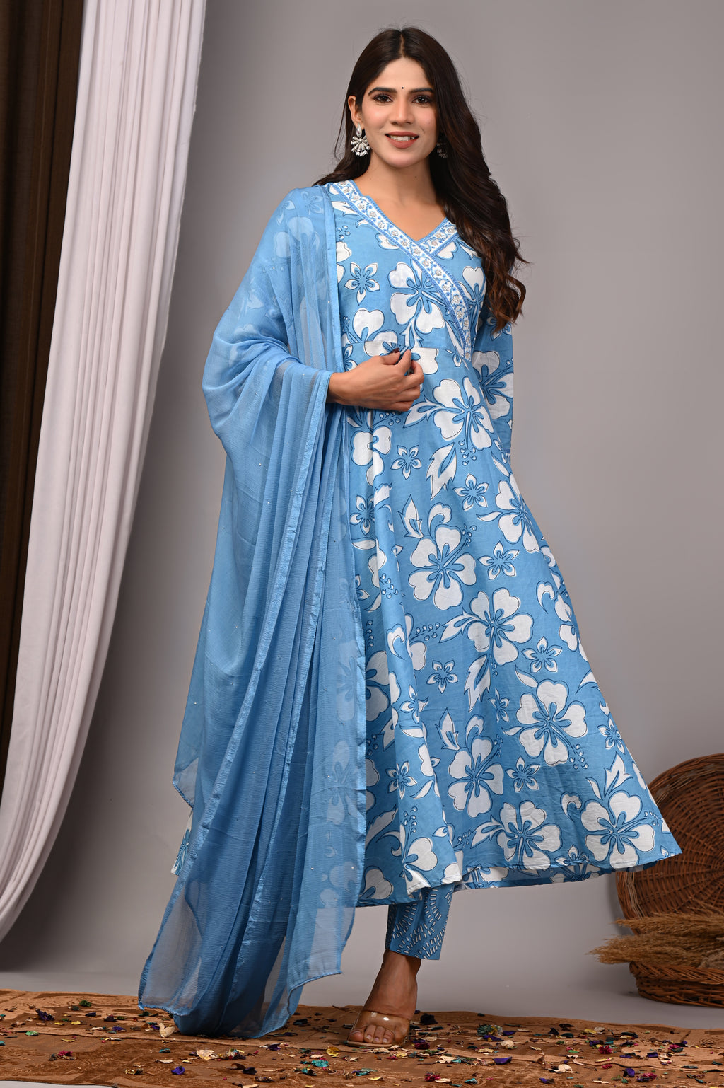 Oceanic Blue Sanganeri Angarkha Sundress Set with Chiffon Dupatta
