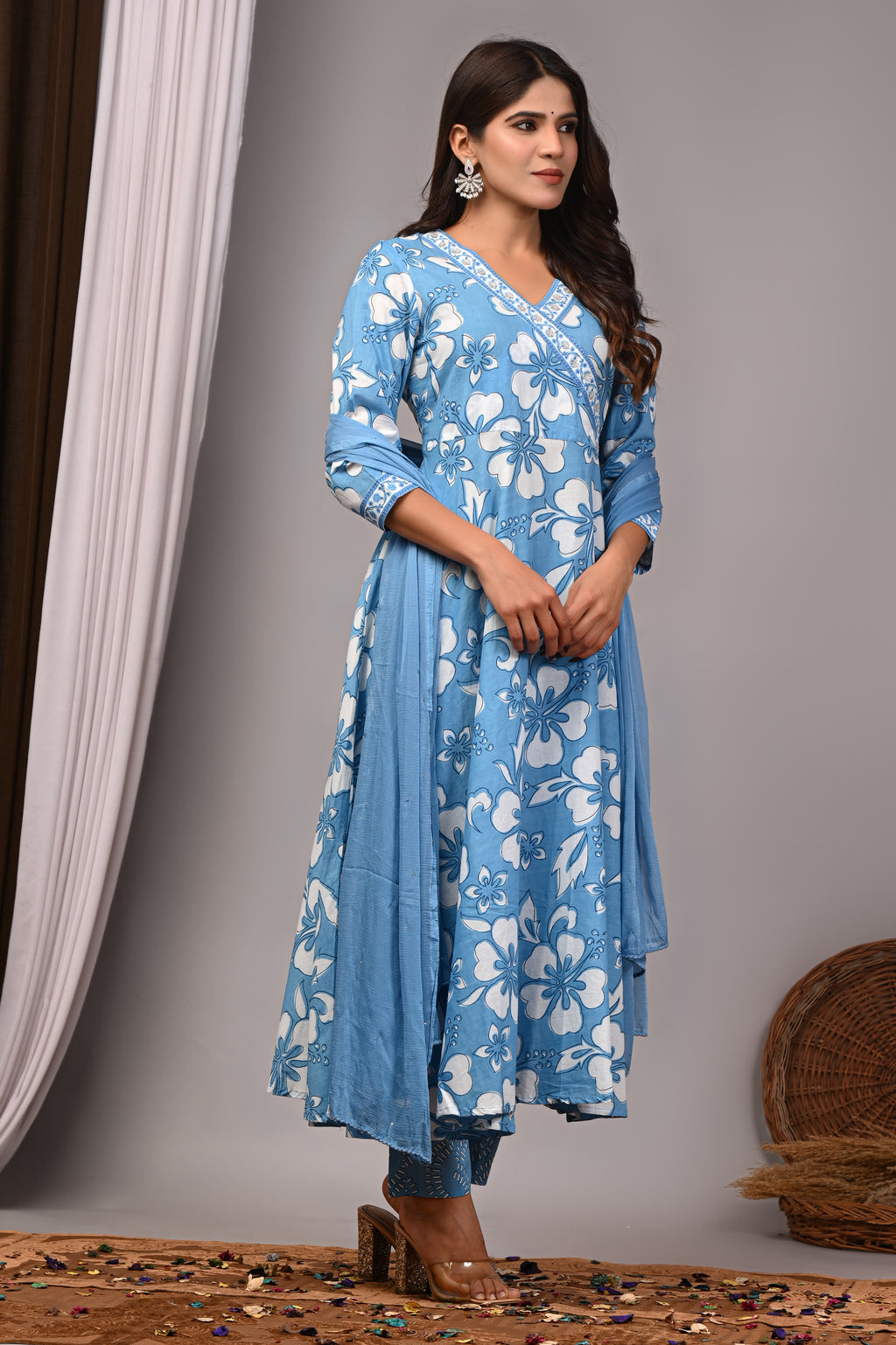 Oceanic Blue Sanganeri Angarkha Sundress Set with Chiffon Dupatta