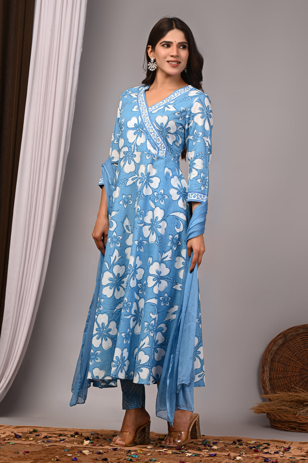 Oceanic Blue Sanganeri Angarkha Sundress Set with Chiffon Dupatta
