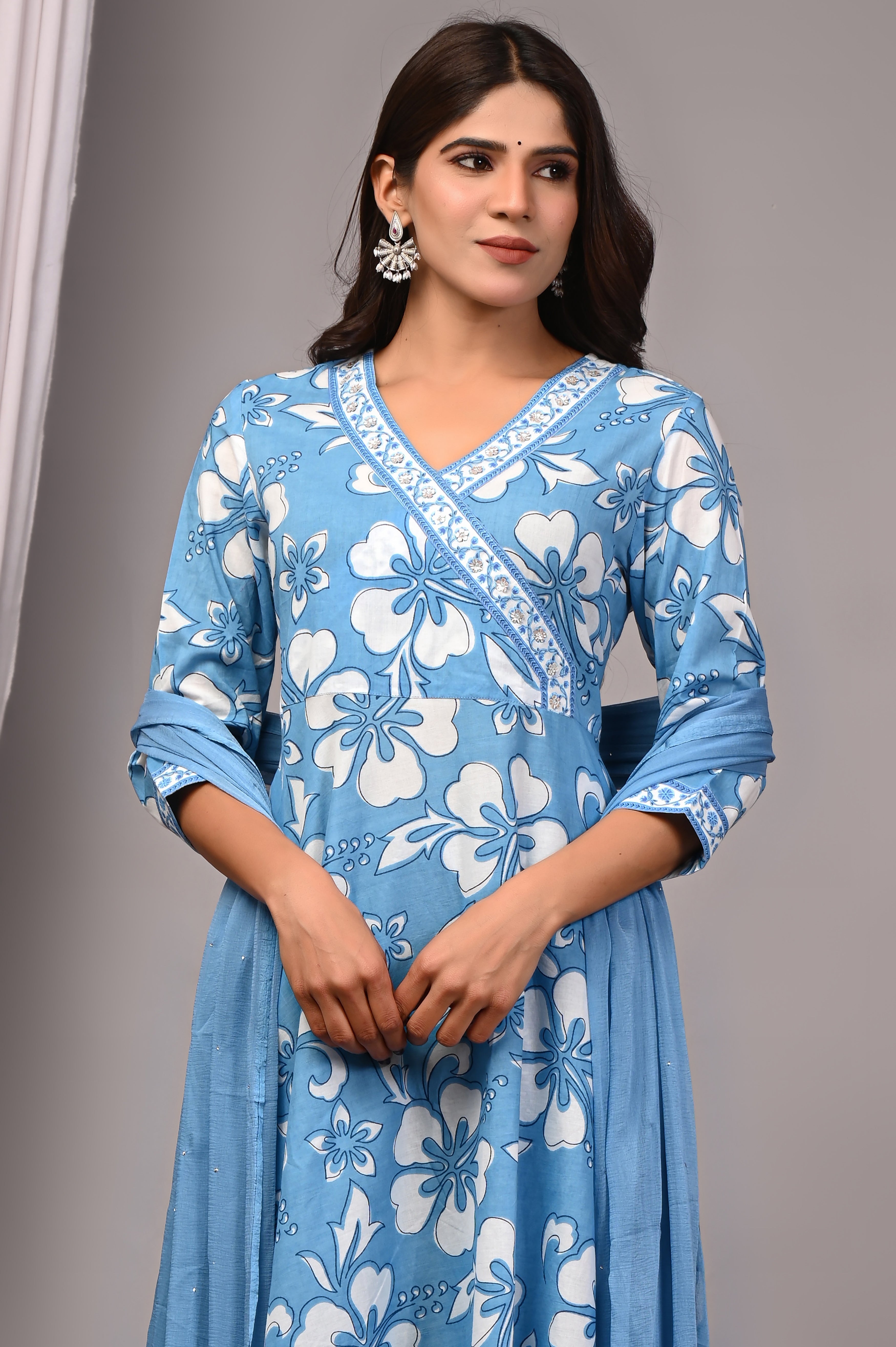Oceanic Blue Sanganeri Angarkha Sundress Set with Chiffon Dupatta