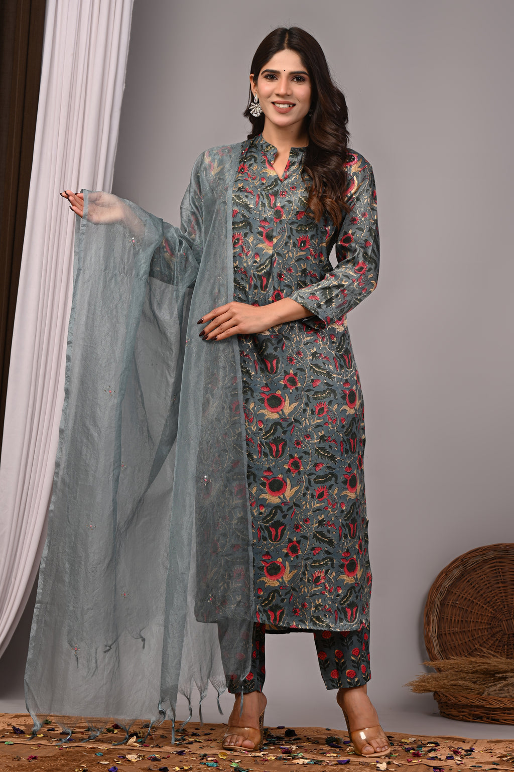 Slate Blossom Hand-Embroidered Silk Suit Set