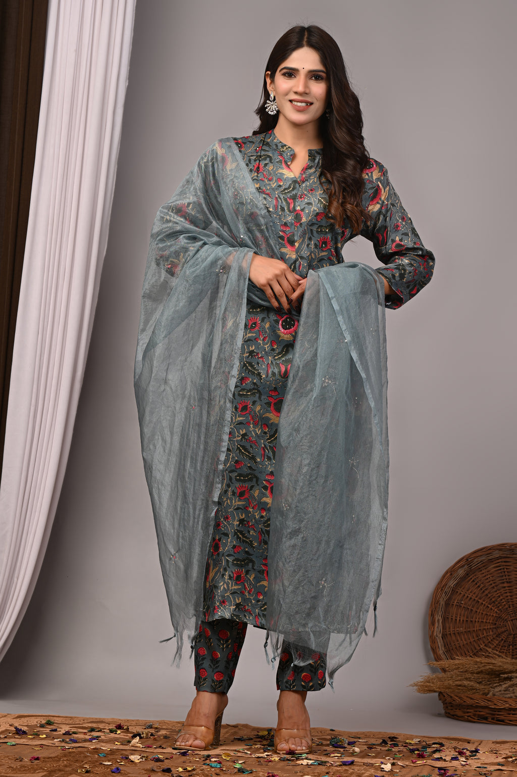 Slate Blossom Hand-Embroidered Silk Suit Set