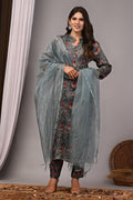 Slate Blossom Hand-Embroidered Silk Suit Set
