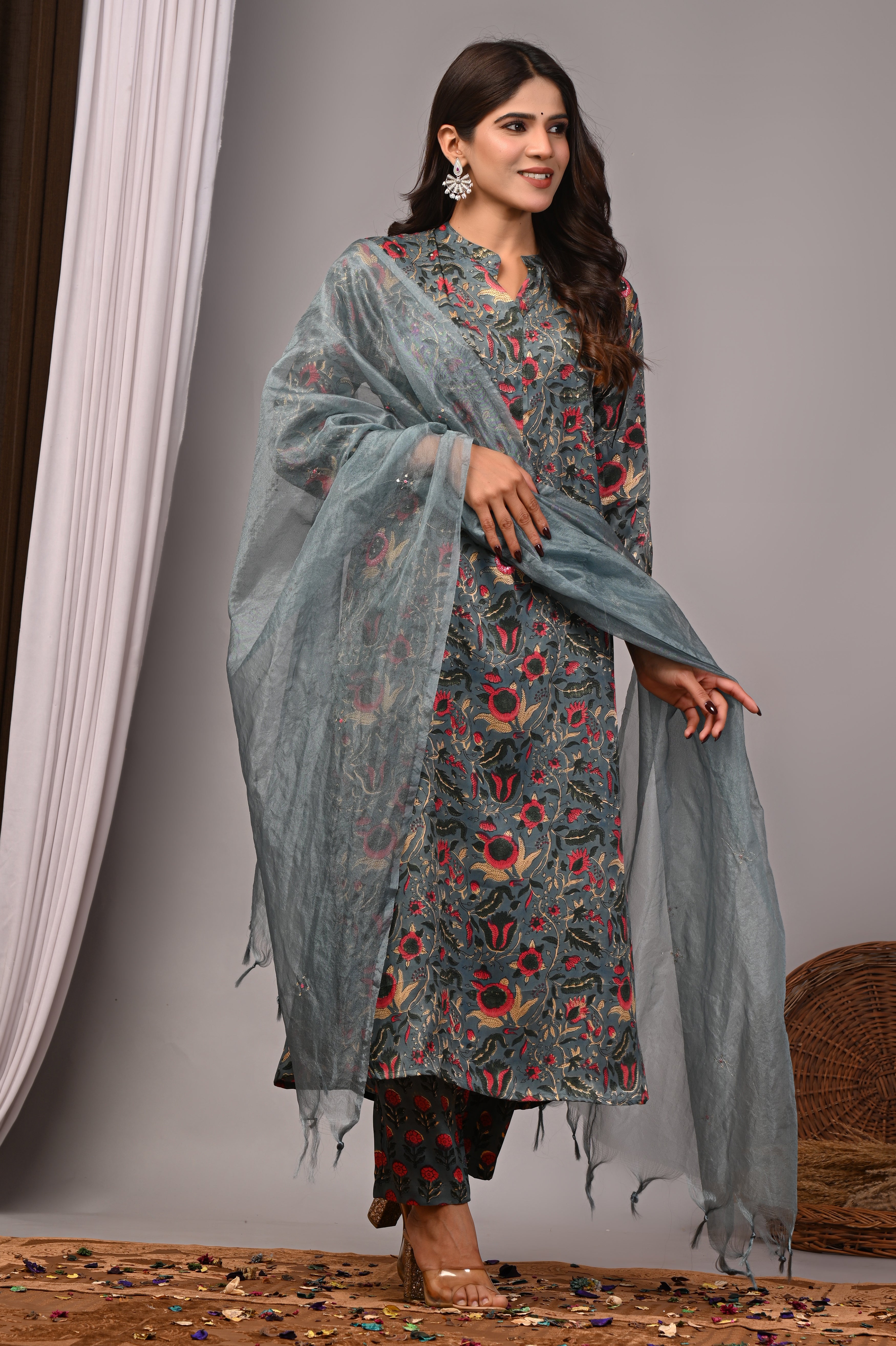 Slate Blossom Hand-Embroidered Silk Suit Set