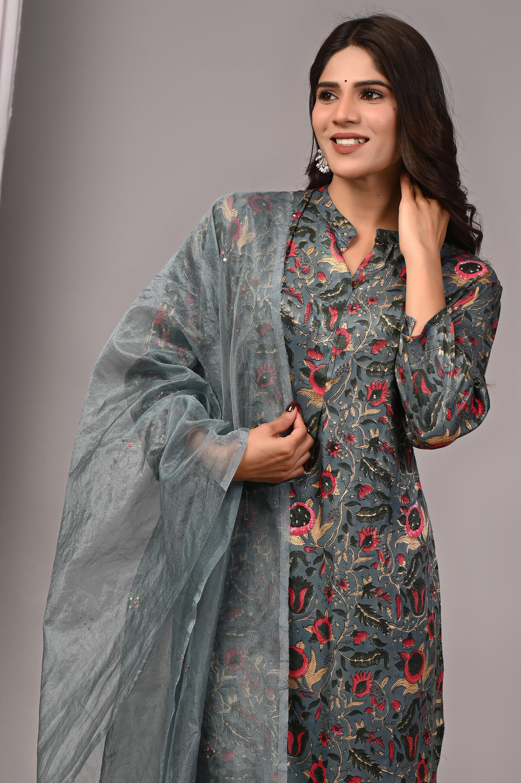 Slate Blossom Hand-Embroidered Silk Suit Set
