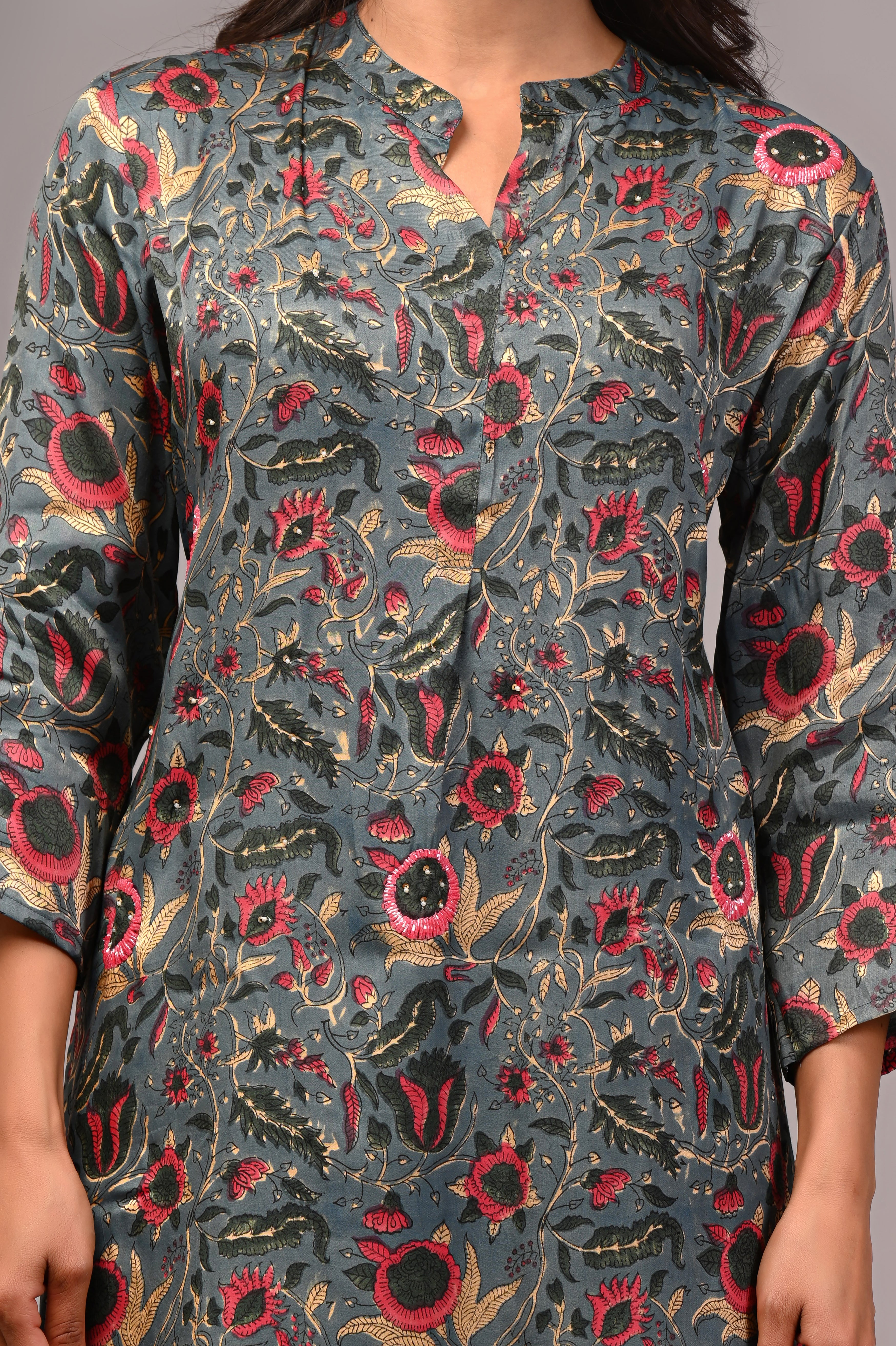 Slate Blossom Hand-Embroidered Silk Suit Set