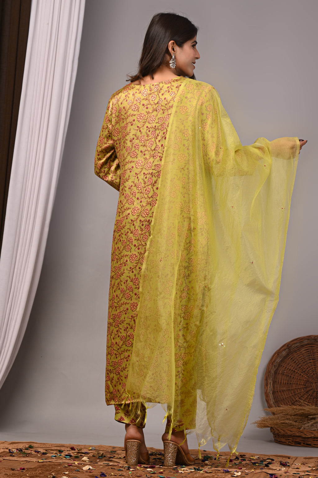 Chartreuse Vine Hand-Embroidered Silk Suit Set