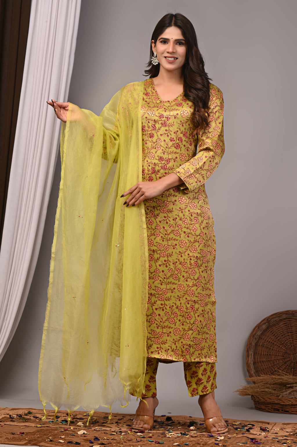 Chartreuse Vine Hand-Embroidered Silk Suit Set