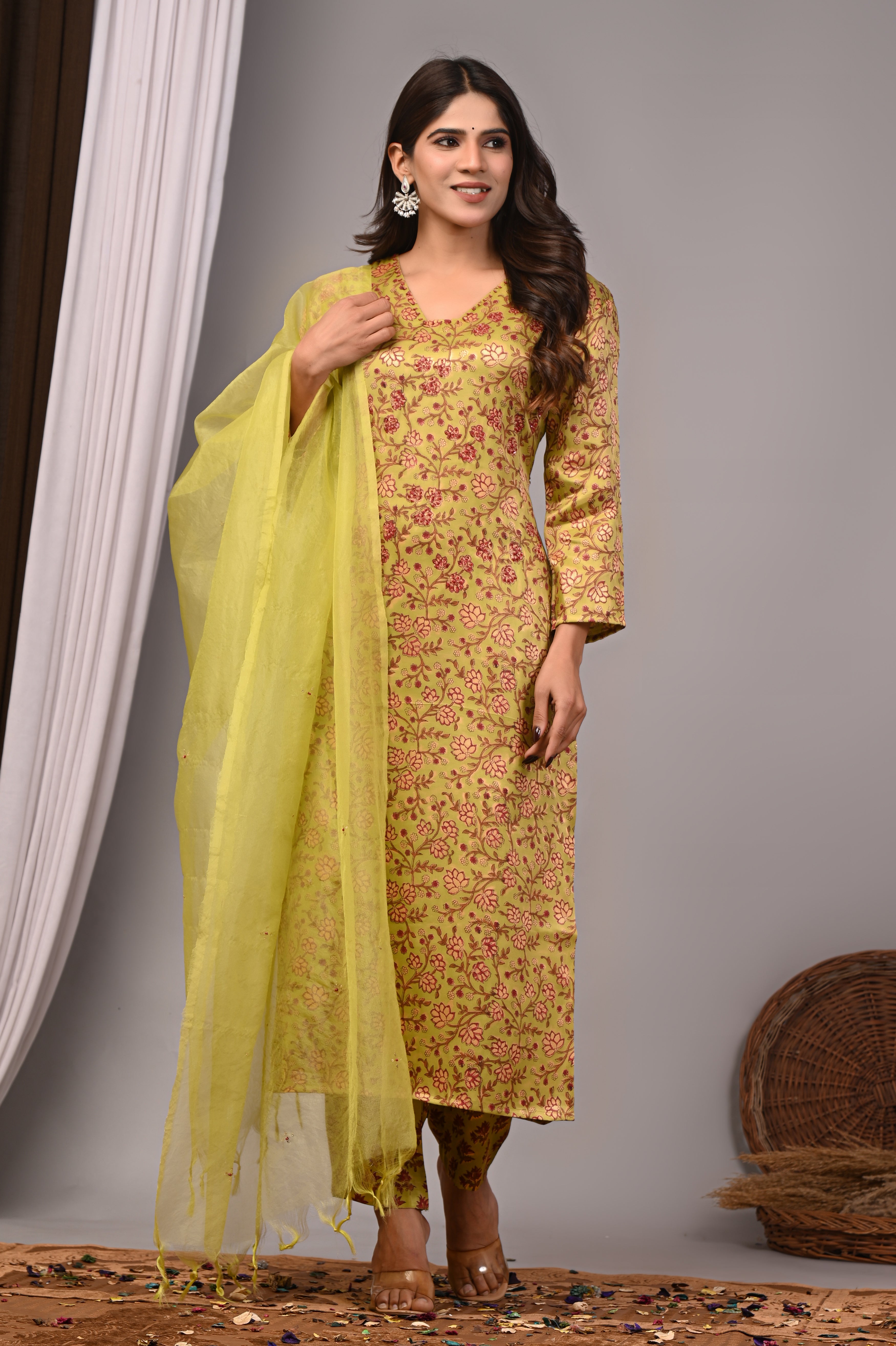 Chartreuse Vine Hand-Embroidered Silk Suit Set