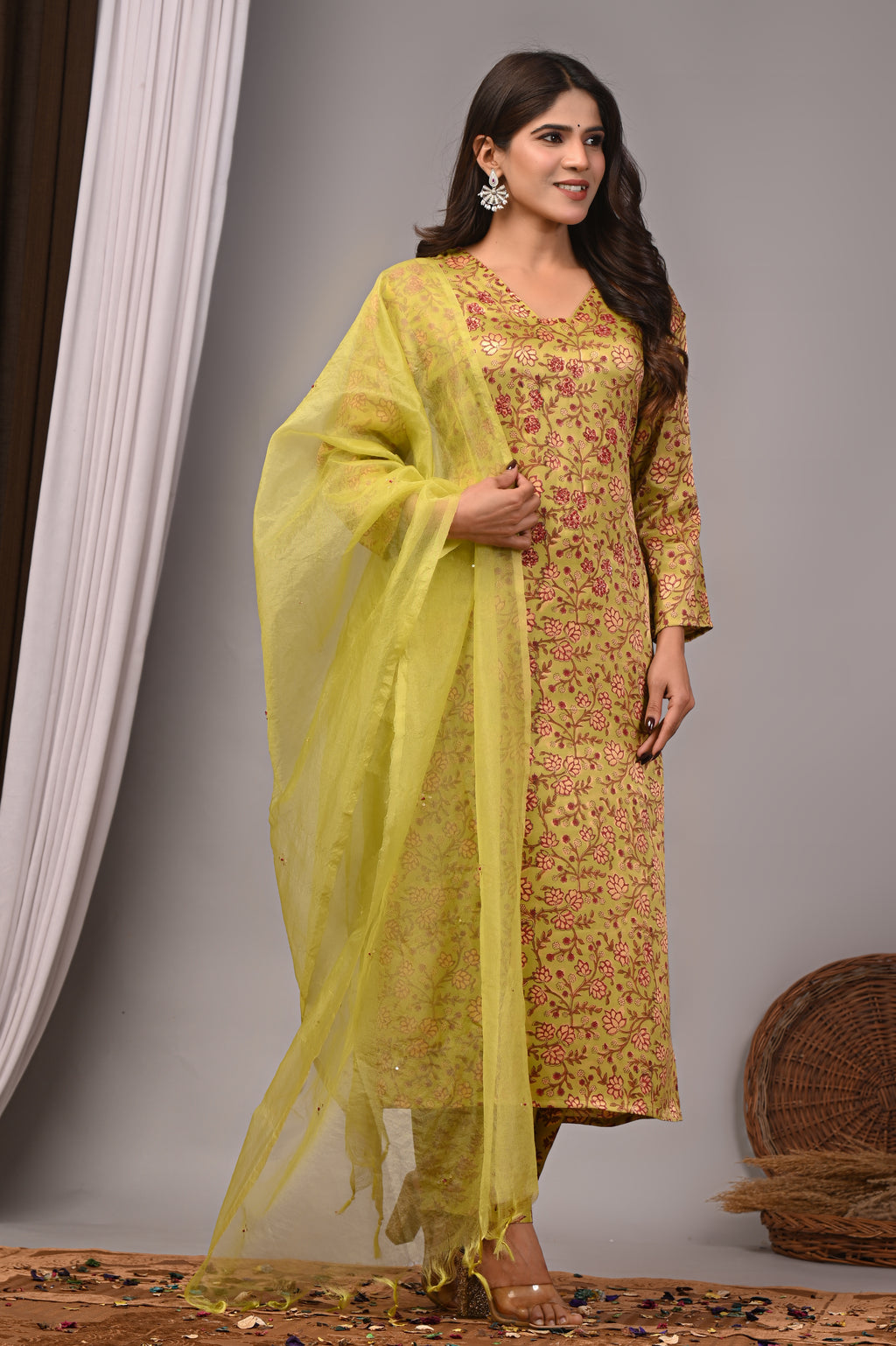 Chartreuse Vine Hand-Embroidered Silk Suit Set