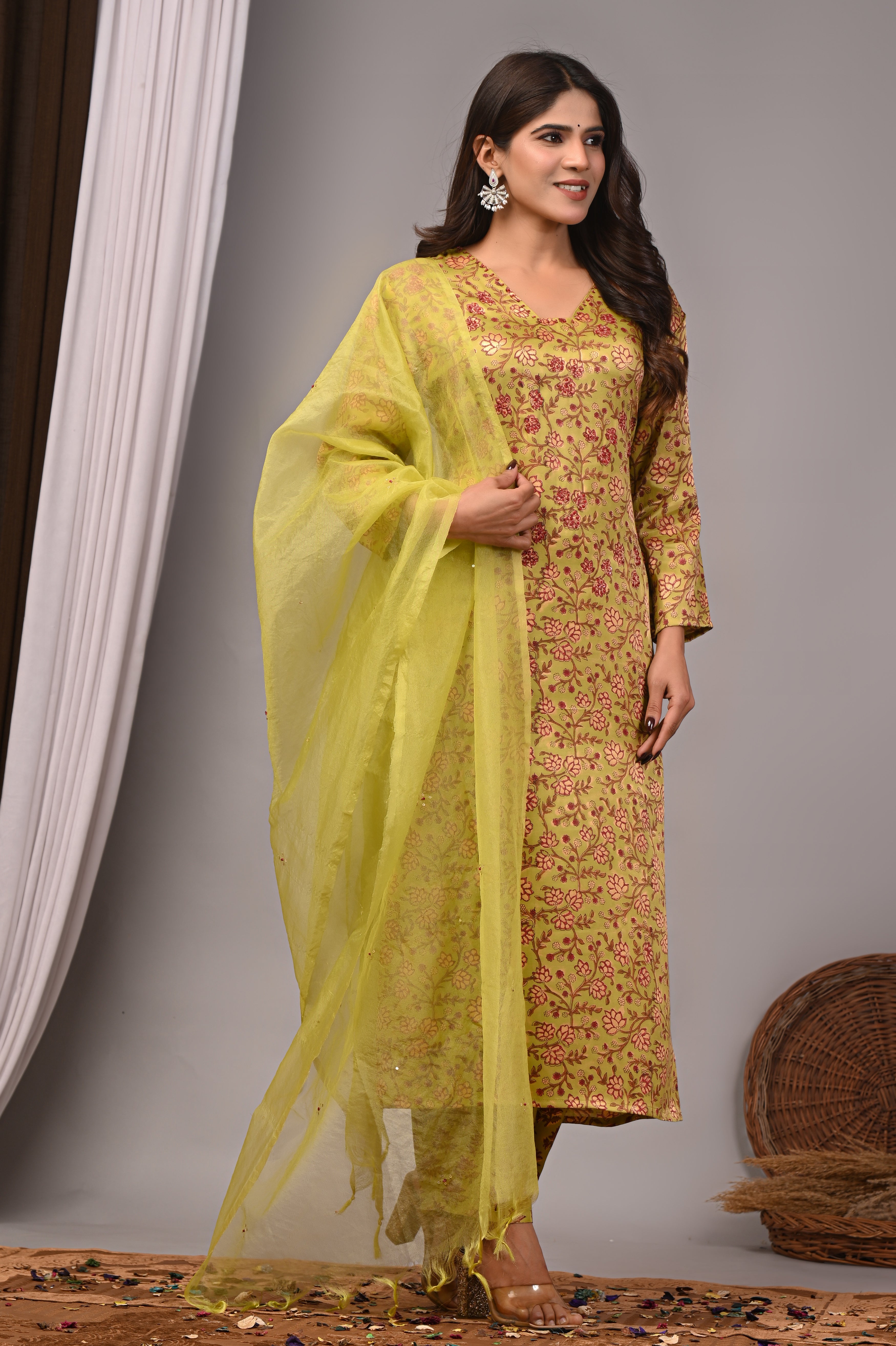 Chartreuse Vine Hand-Embroidered Silk Suit Set