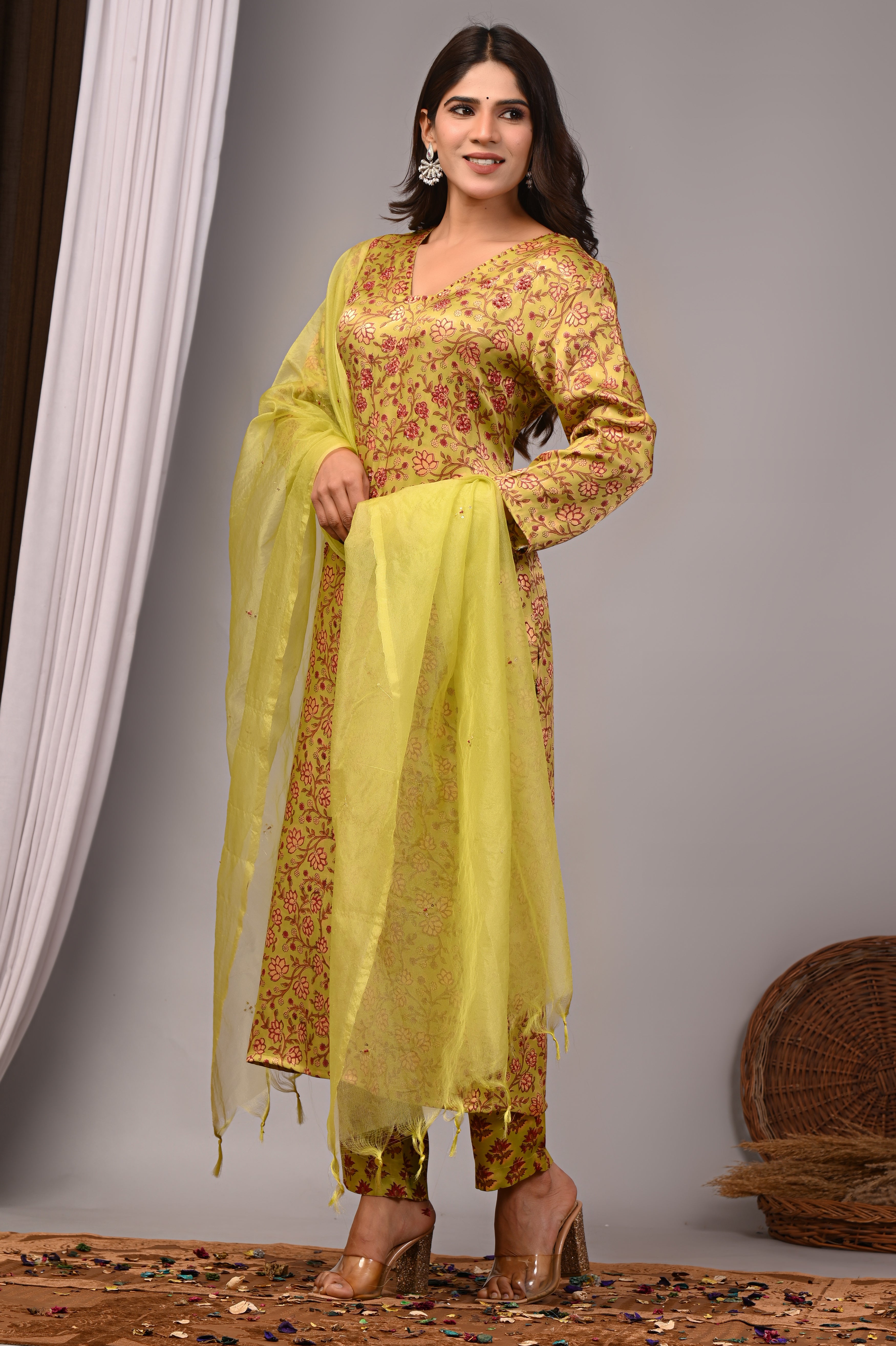 Chartreuse Vine Hand-Embroidered Silk Suit Set