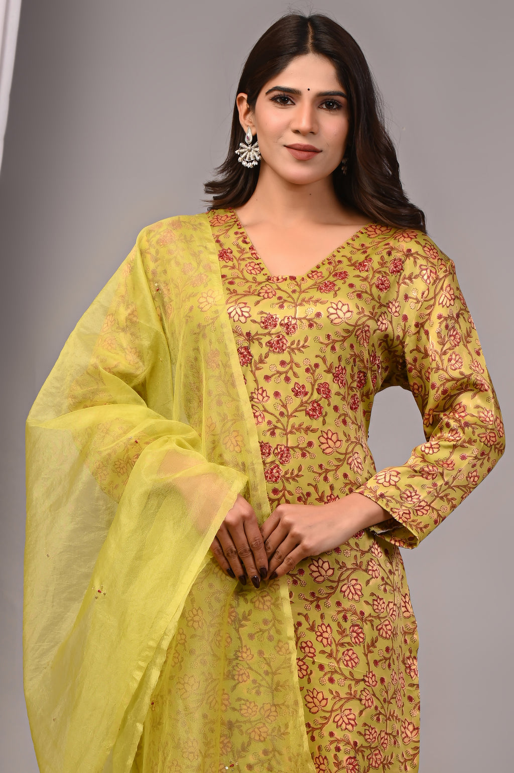 Chartreuse Vine Hand-Embroidered Silk Suit Set