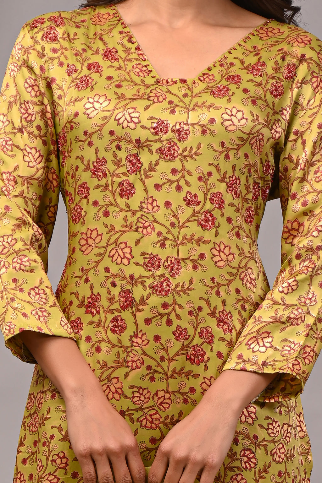 Chartreuse Vine Hand-Embroidered Silk Suit Set