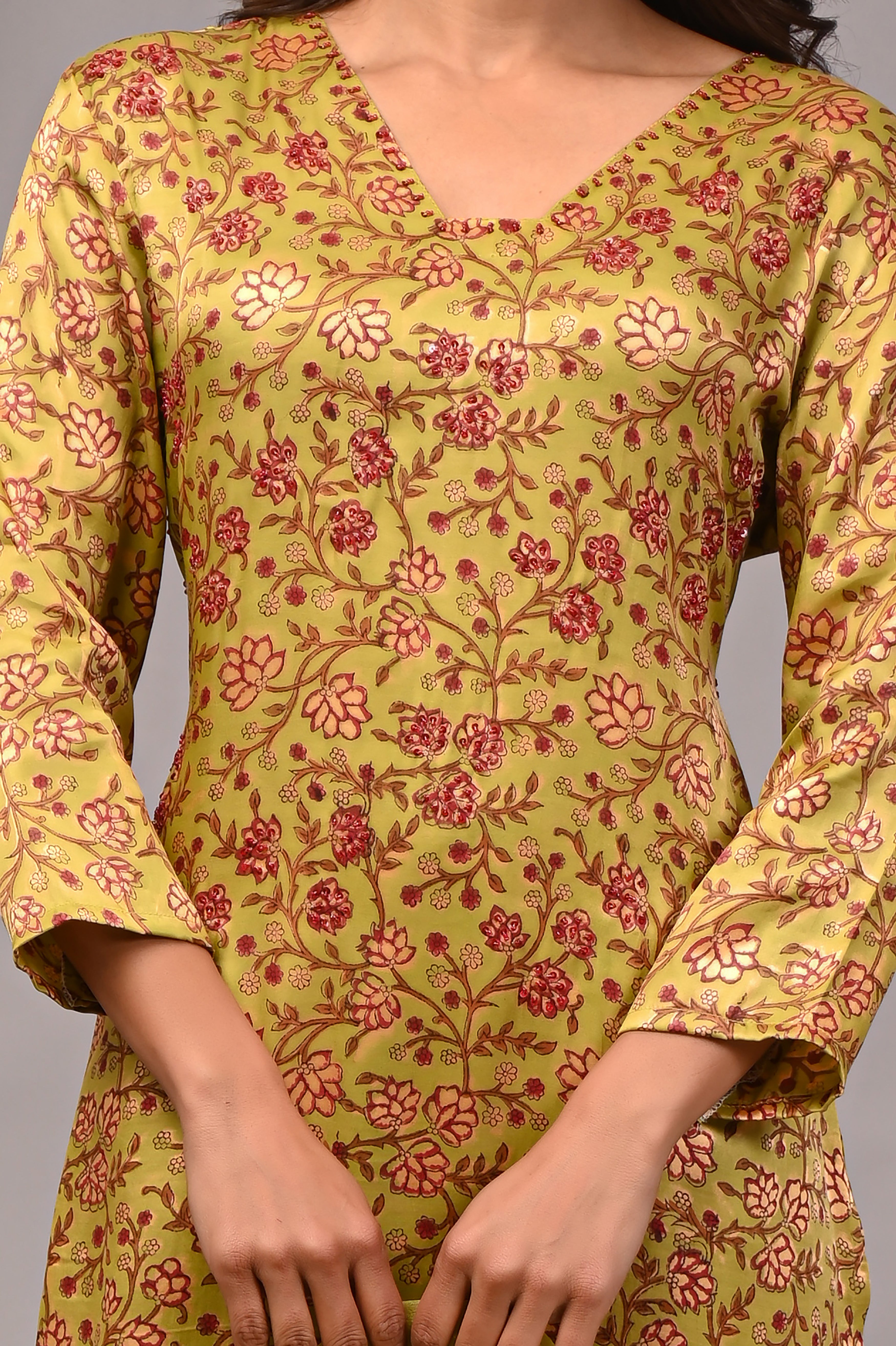 Chartreuse Vine Hand-Embroidered Silk Suit Set