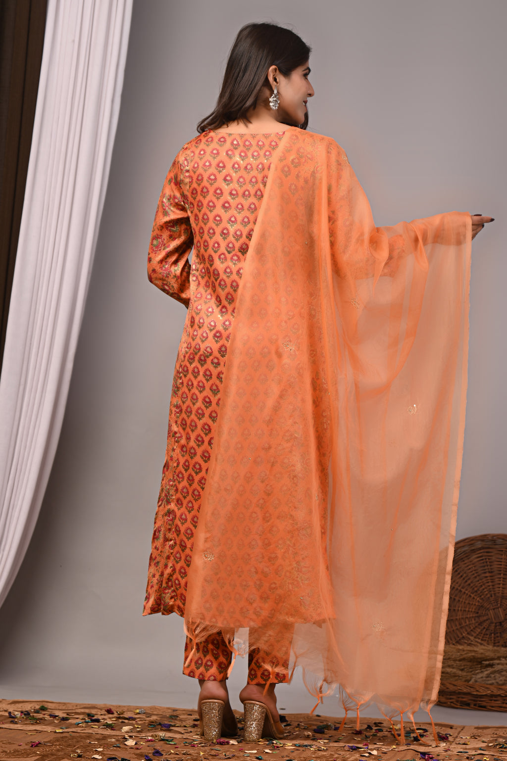 Rust Tangerine Hand-Embroidered Silk Suit Set