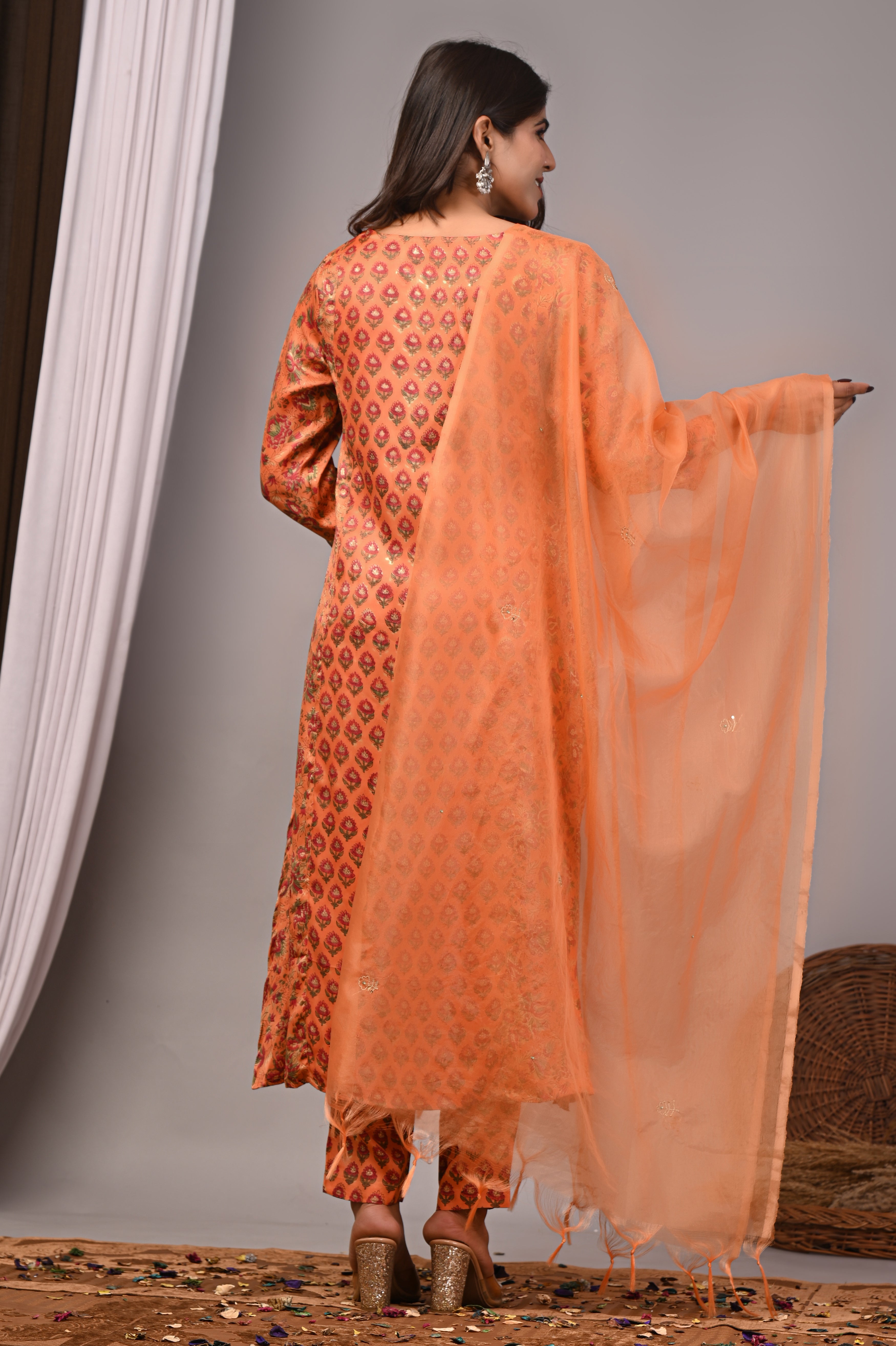 Rust Tangerine Hand-Embroidered Silk Suit Set