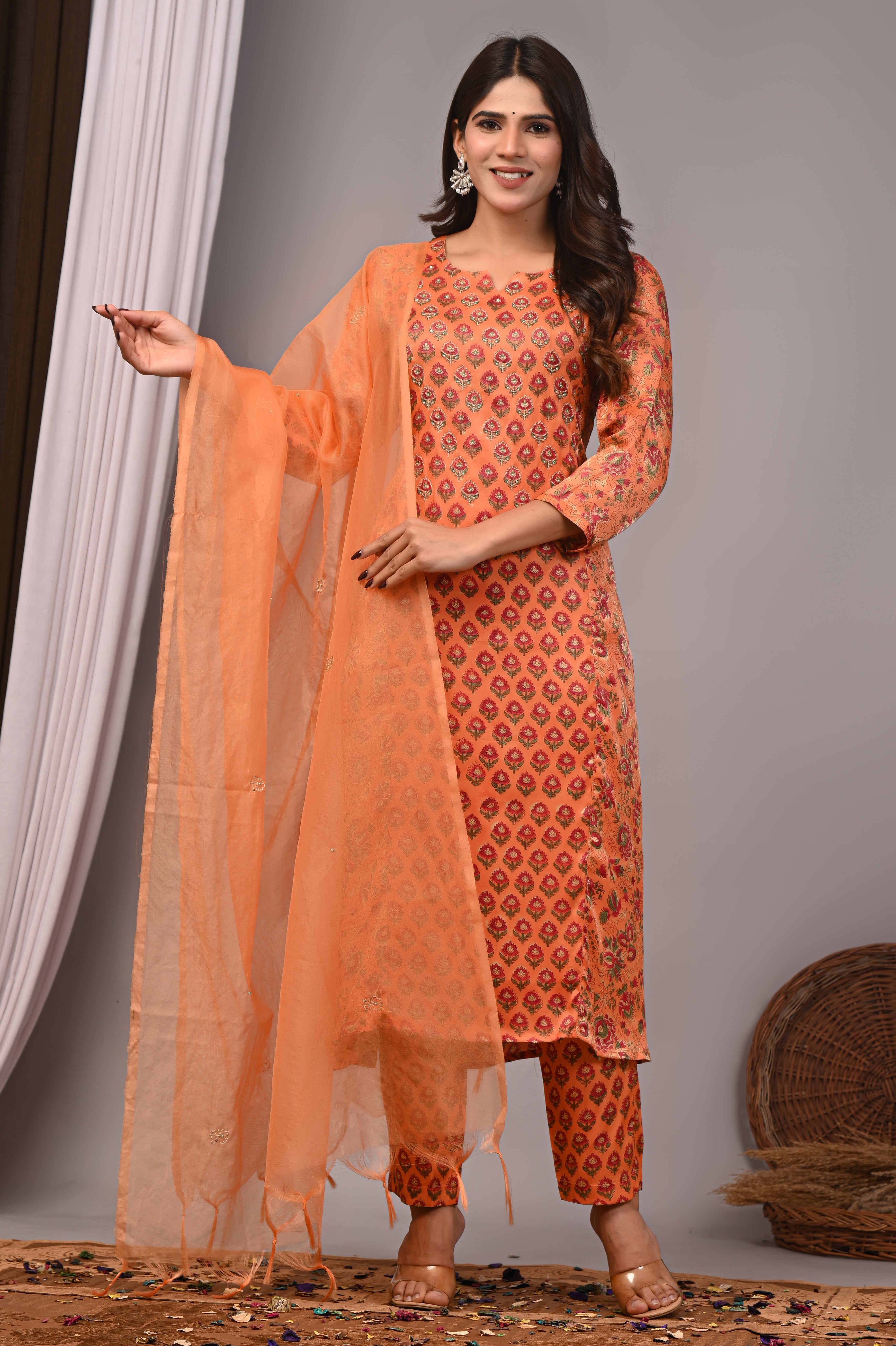 Rust Tangerine Hand-Embroidered Silk Suit Set