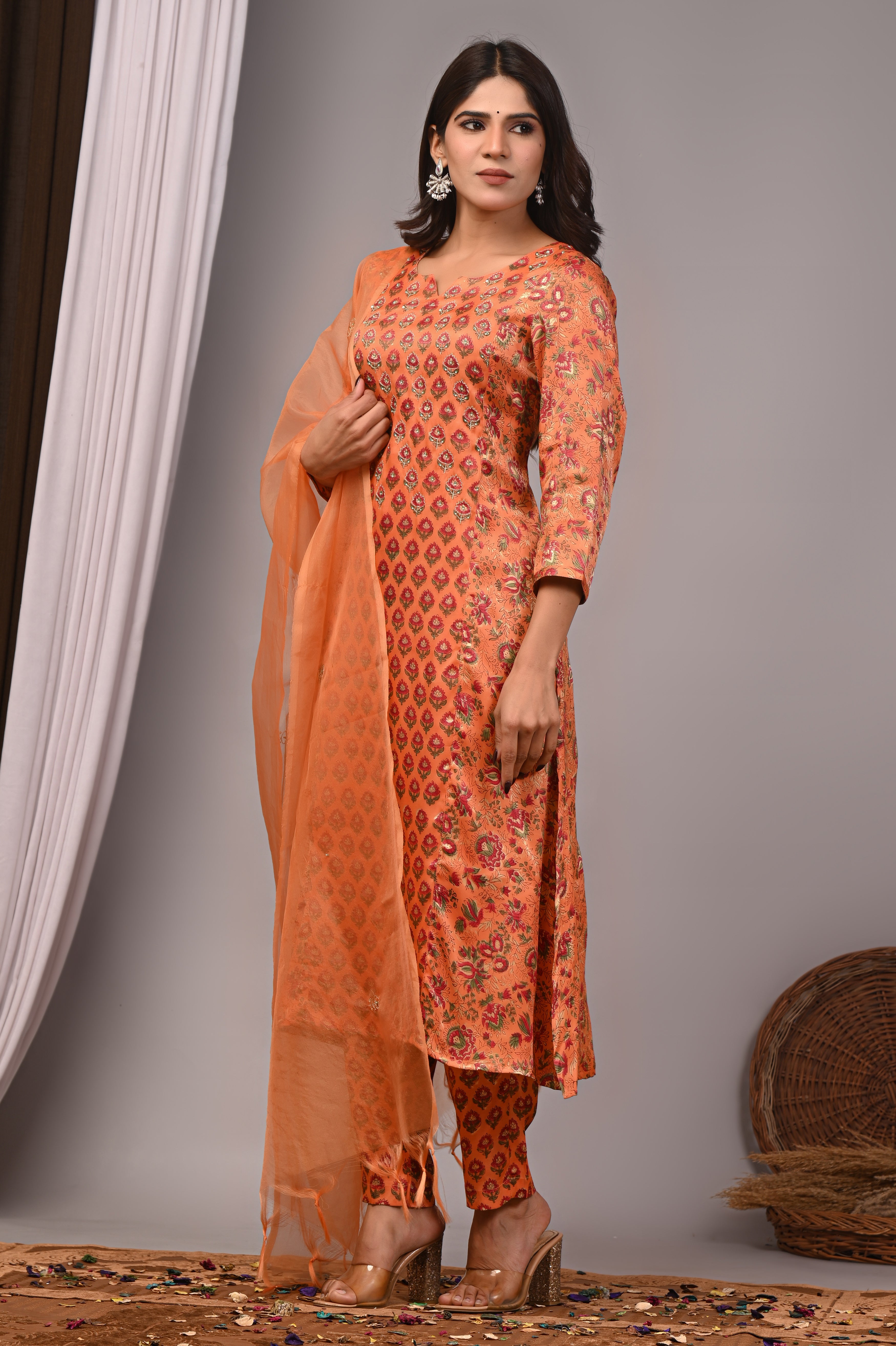 Rust Tangerine Hand-Embroidered Silk Suit Set