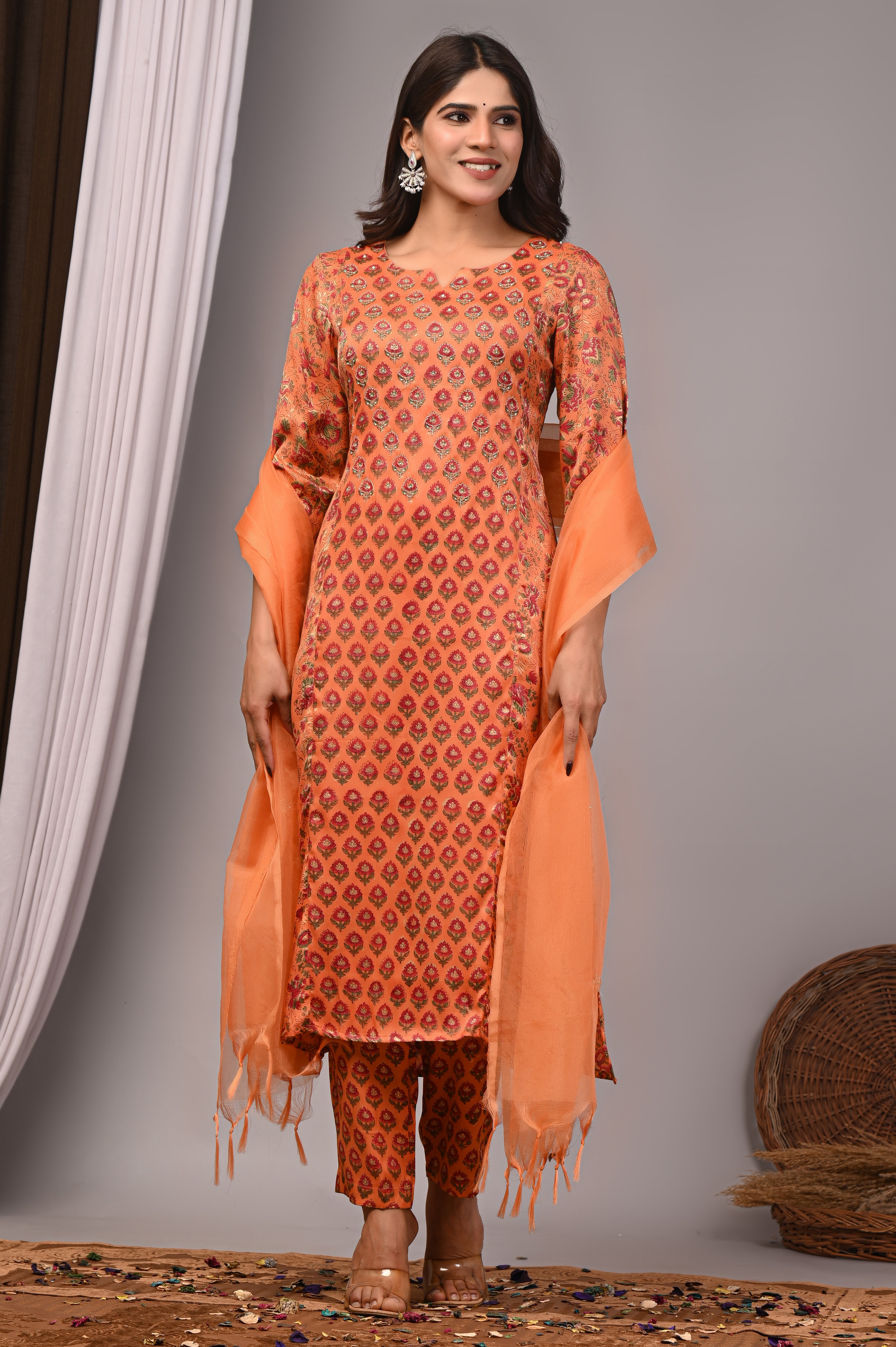 Rust Tangerine Hand-Embroidered Silk Suit Set