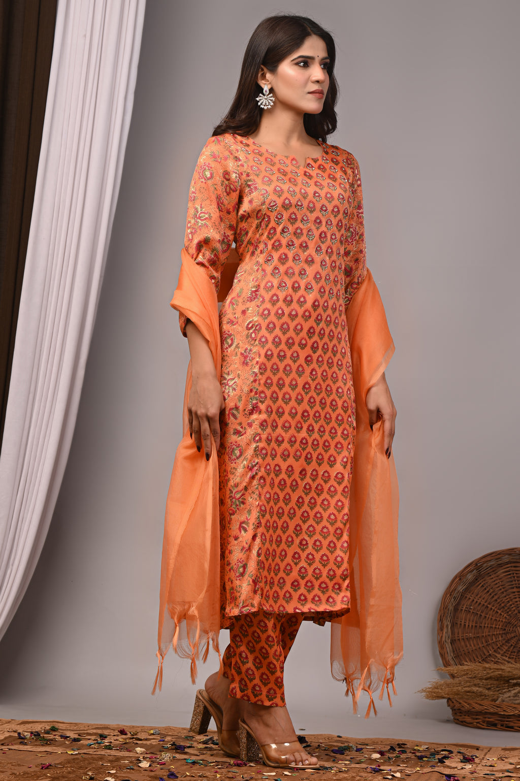 Rust Tangerine Hand-Embroidered Silk Suit Set