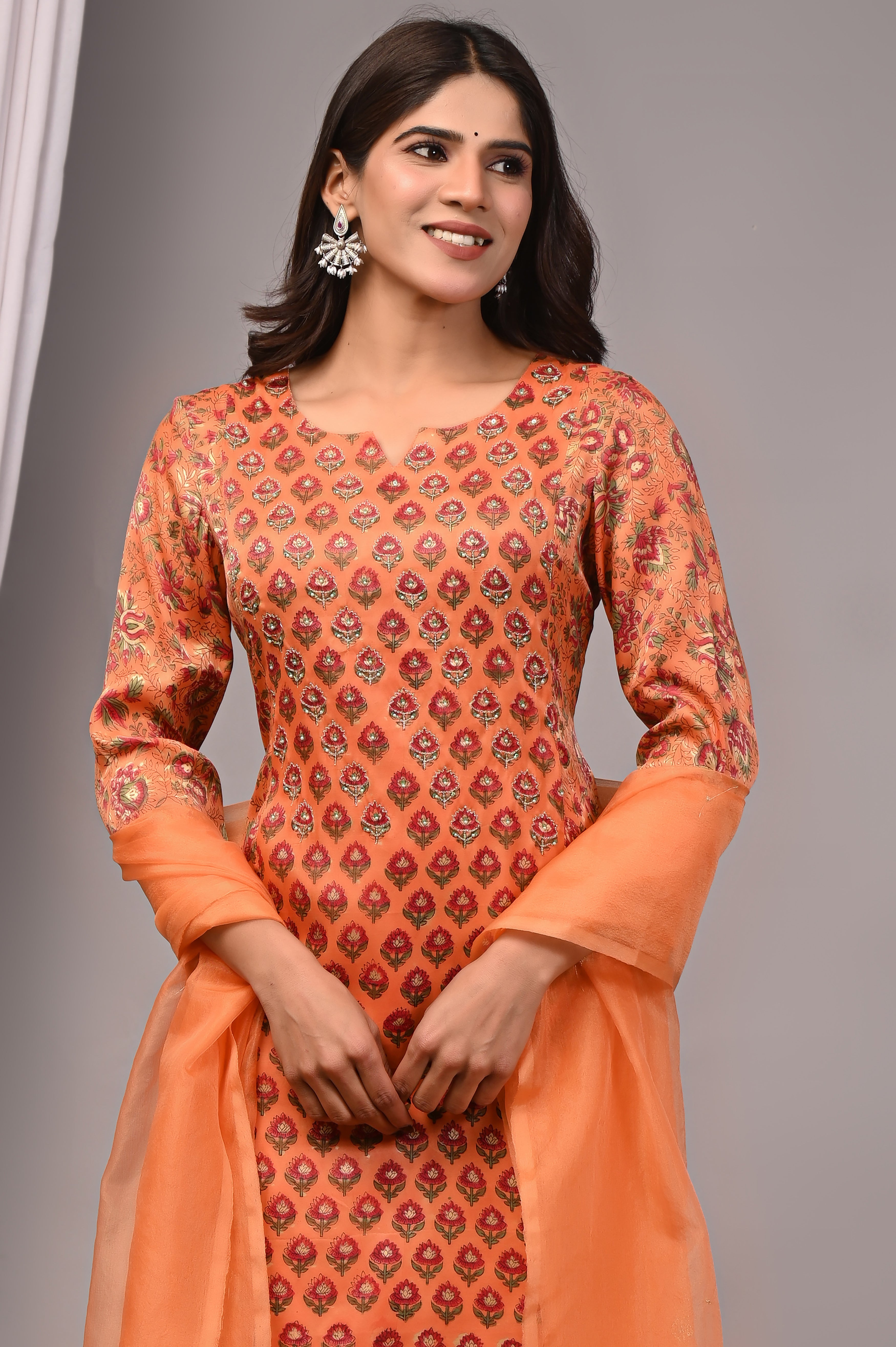 Rust Tangerine Hand-Embroidered Silk Suit Set