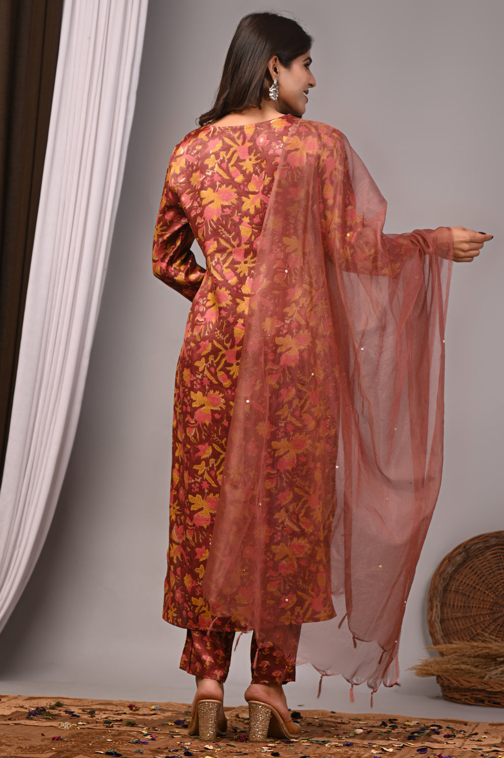 Mahogany Floral Hand-Embroidered Silk Suit Set