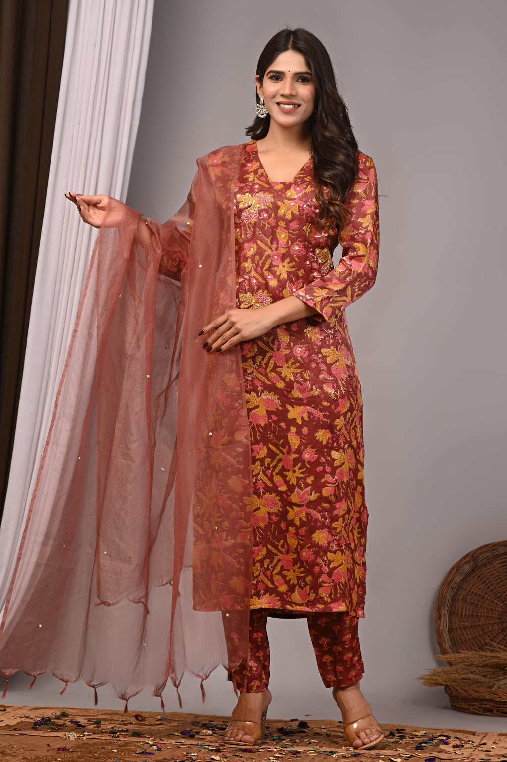 Mahogany Floral Hand-Embroidered Silk Suit Set