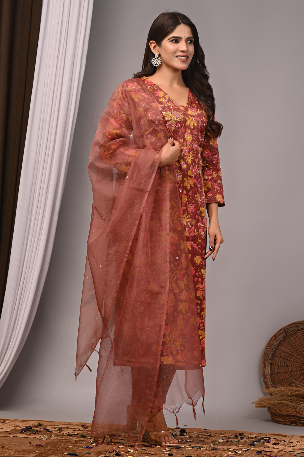 Mahogany Floral Hand-Embroidered Silk Suit Set