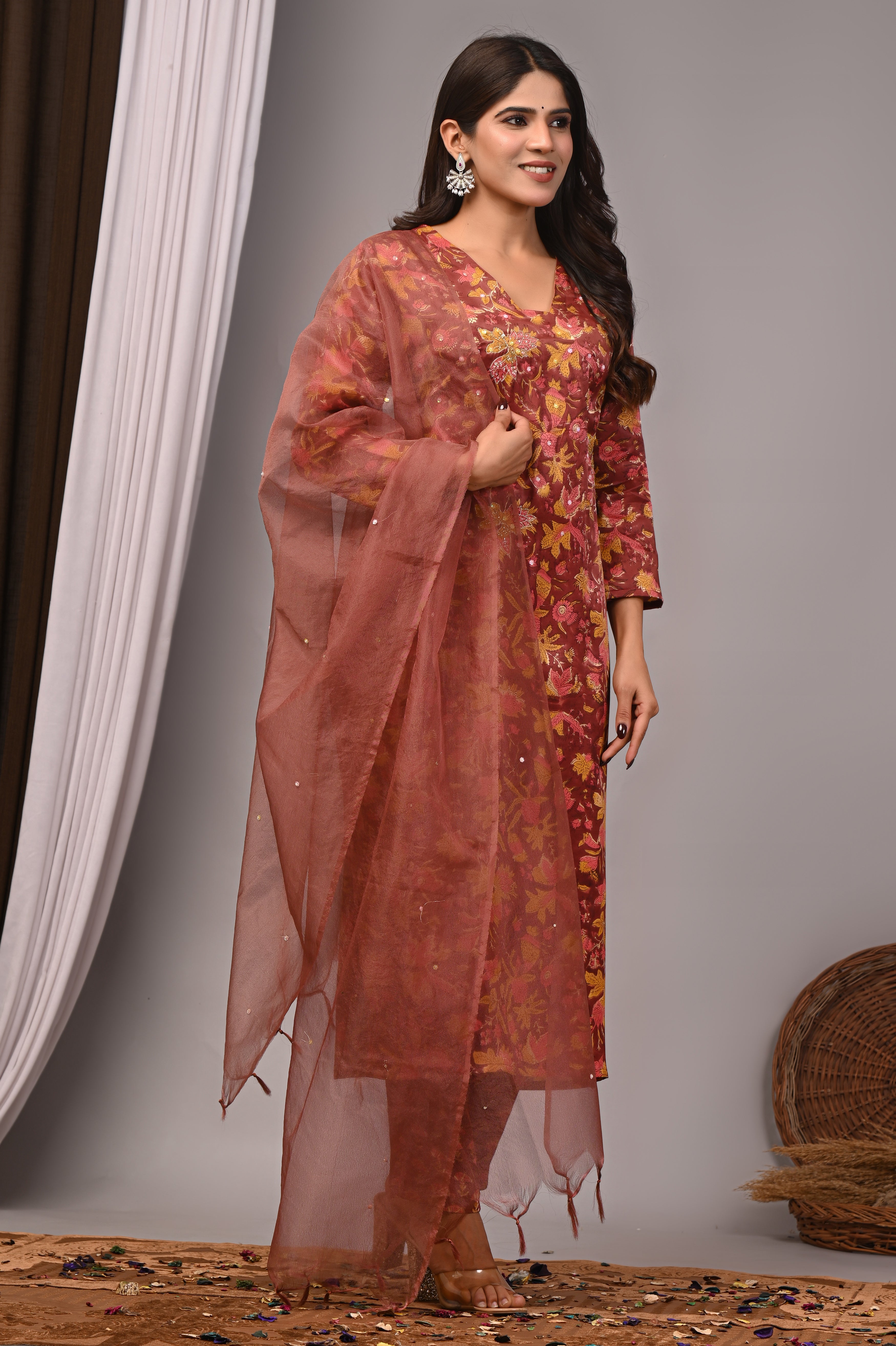 Mahogany Floral Hand-Embroidered Silk Suit Set