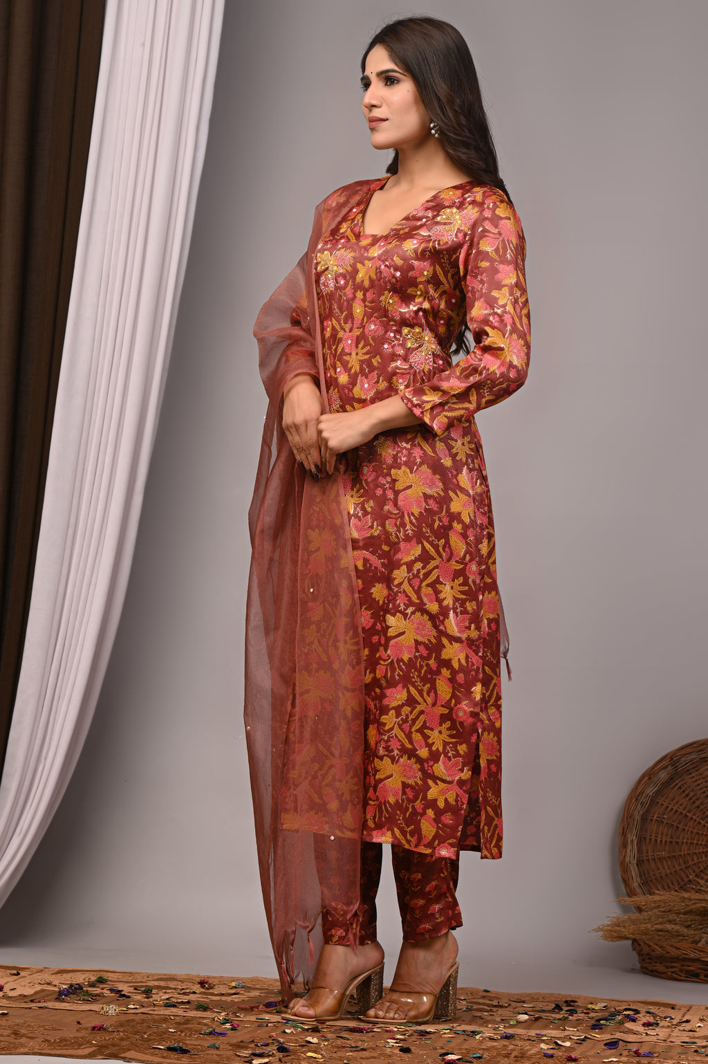 Mahogany Floral Hand-Embroidered Silk Suit Set