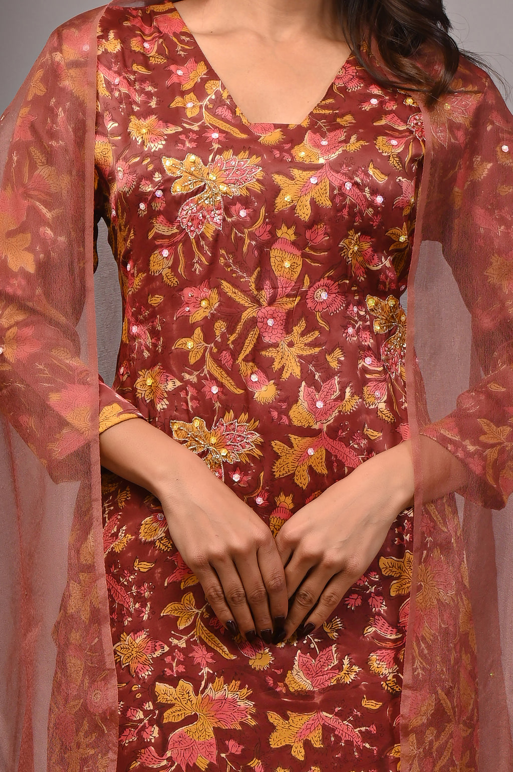 Mahogany Floral Hand-Embroidered Silk Suit Set