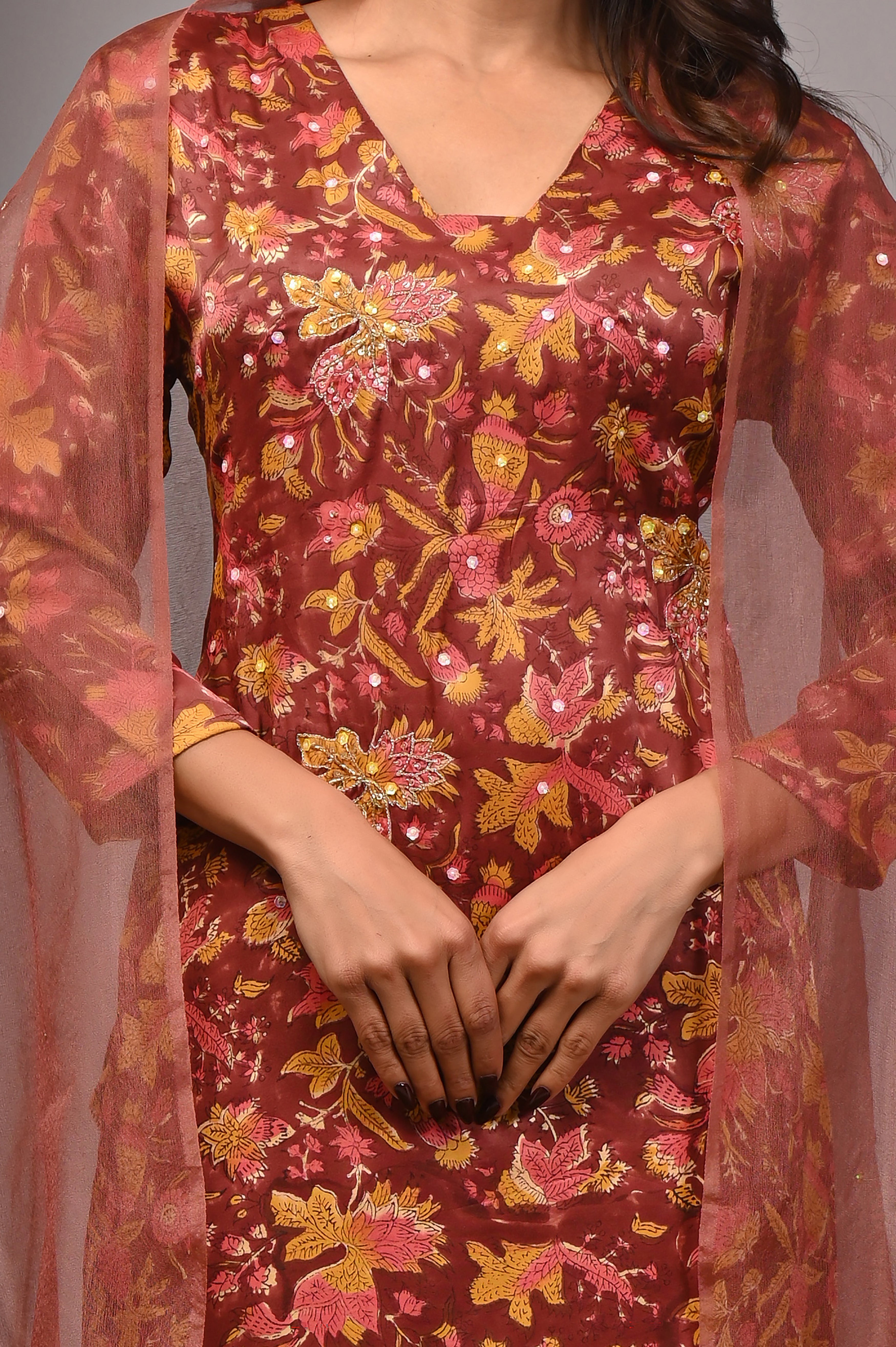 Mahogany Floral Hand-Embroidered Silk Suit Set