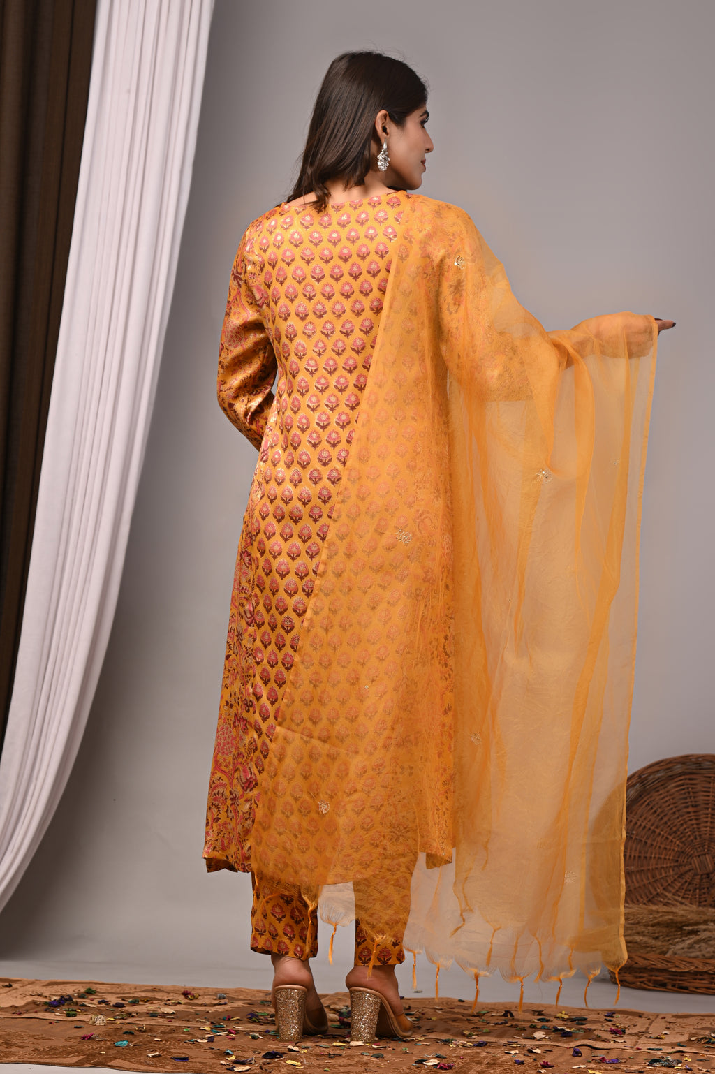 Honey Amber Hand-Embroidered Silk Suit Set