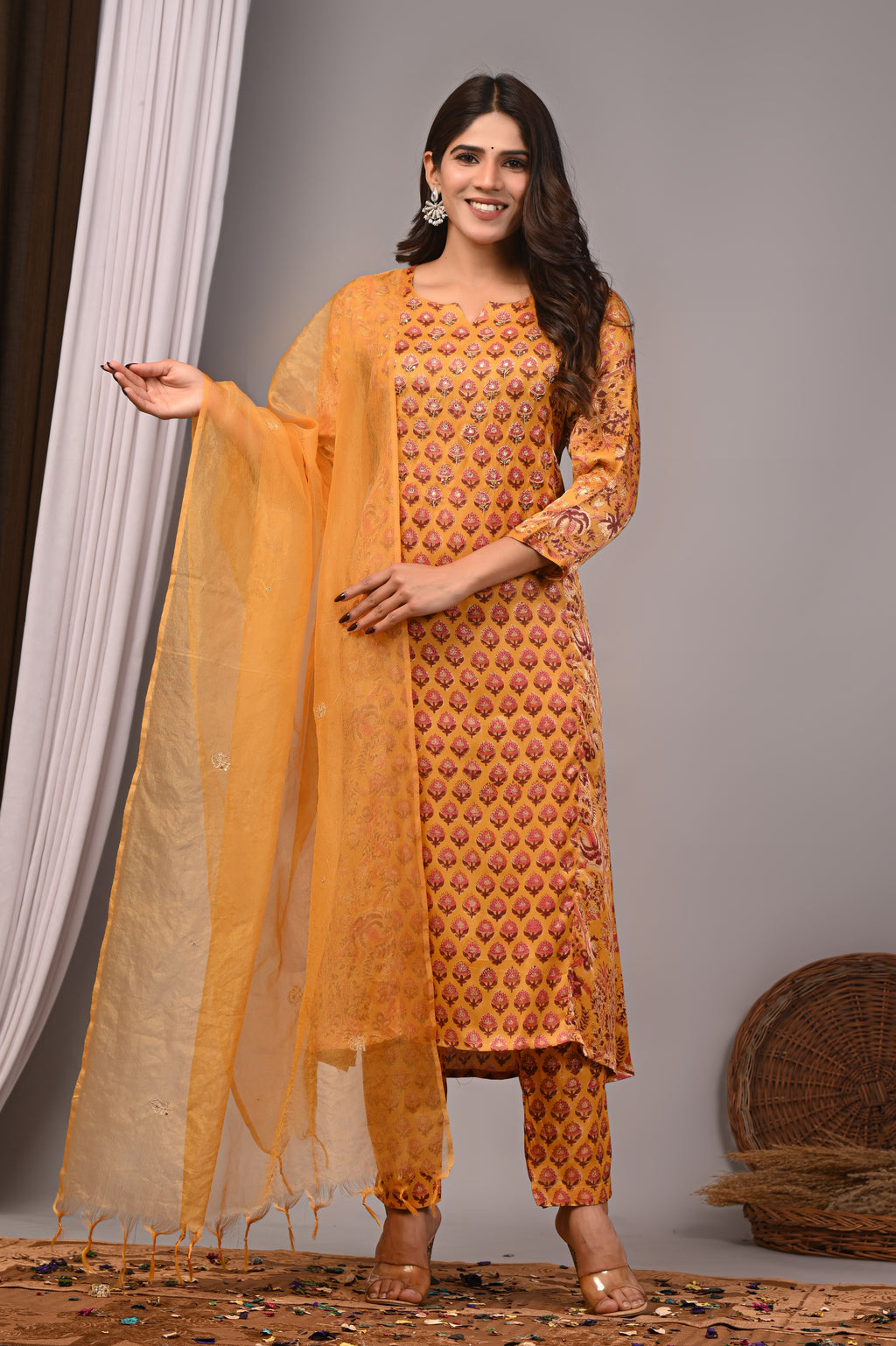Honey Amber Hand-Embroidered Silk Suit Set