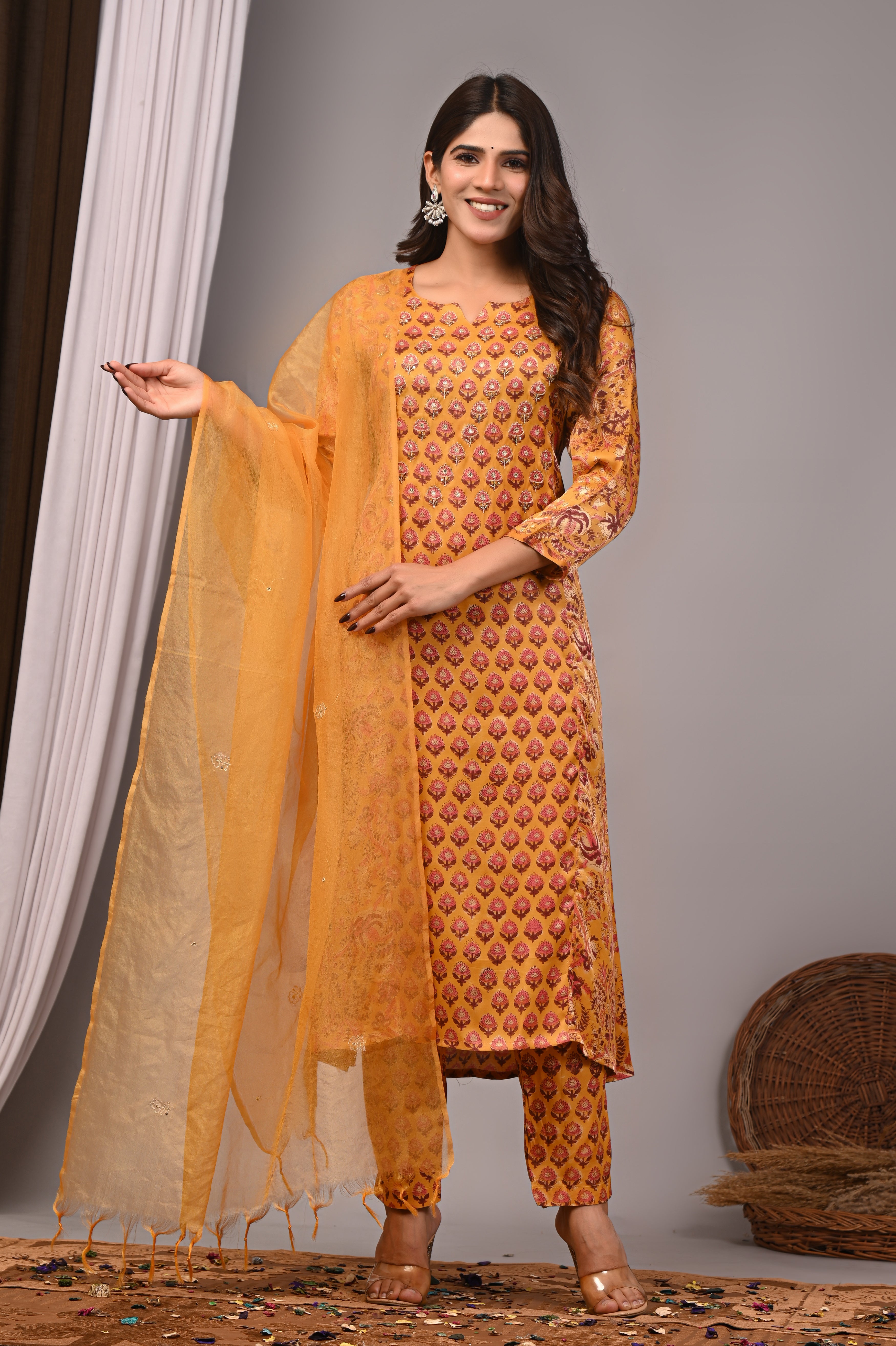 Honey Amber Hand-Embroidered Silk Suit Set