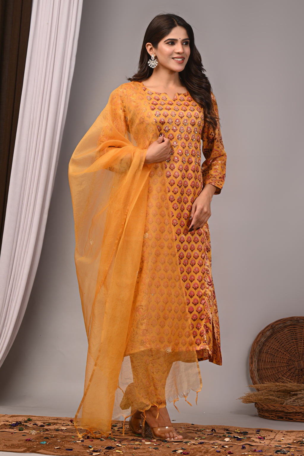 Honey Amber Hand-Embroidered Silk Suit Set