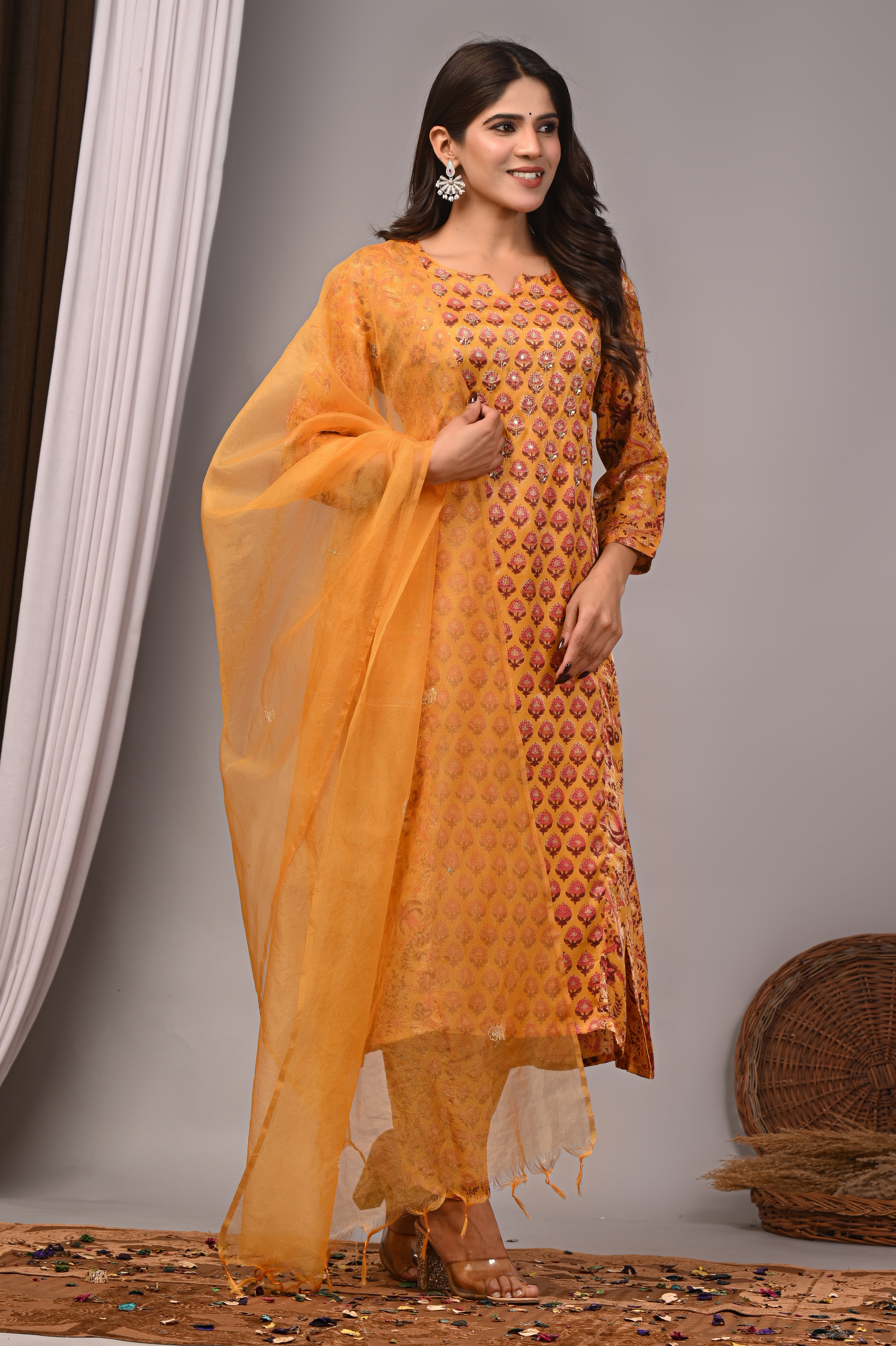 Honey Amber Hand-Embroidered Silk Suit Set