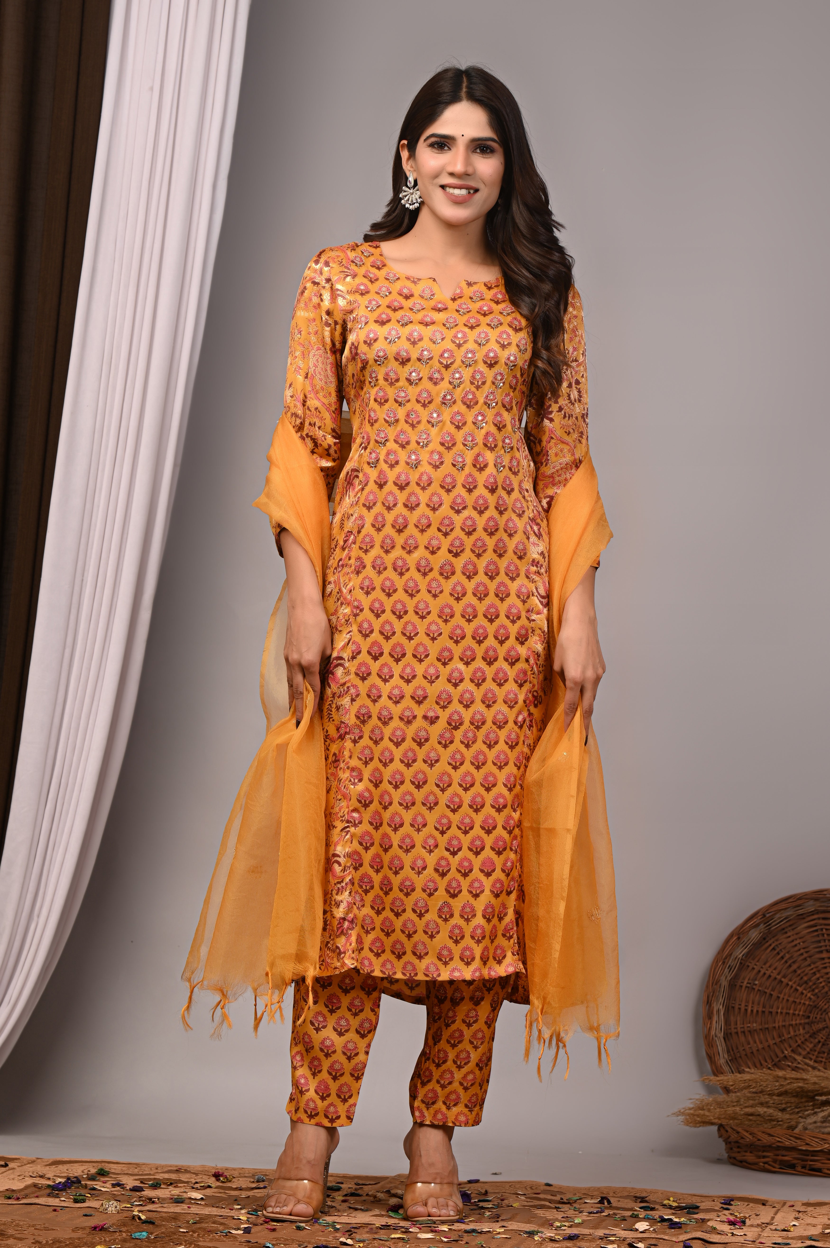 Honey Amber Hand-Embroidered Silk Suit Set