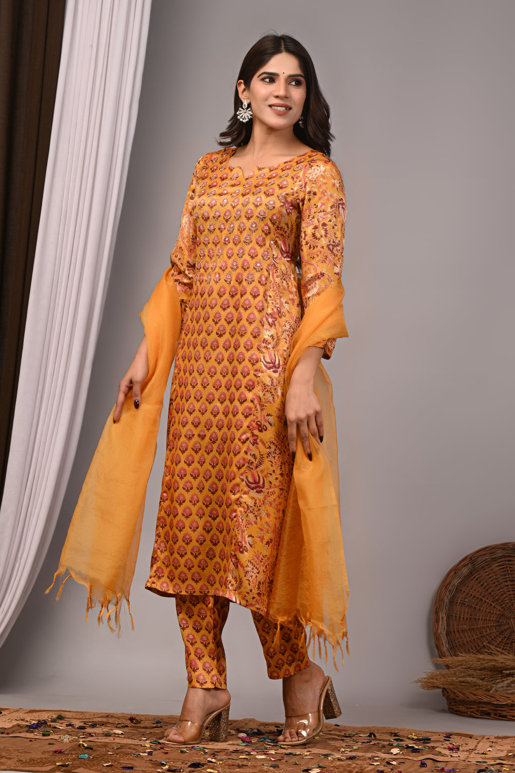 Honey Amber Hand-Embroidered Silk Suit Set