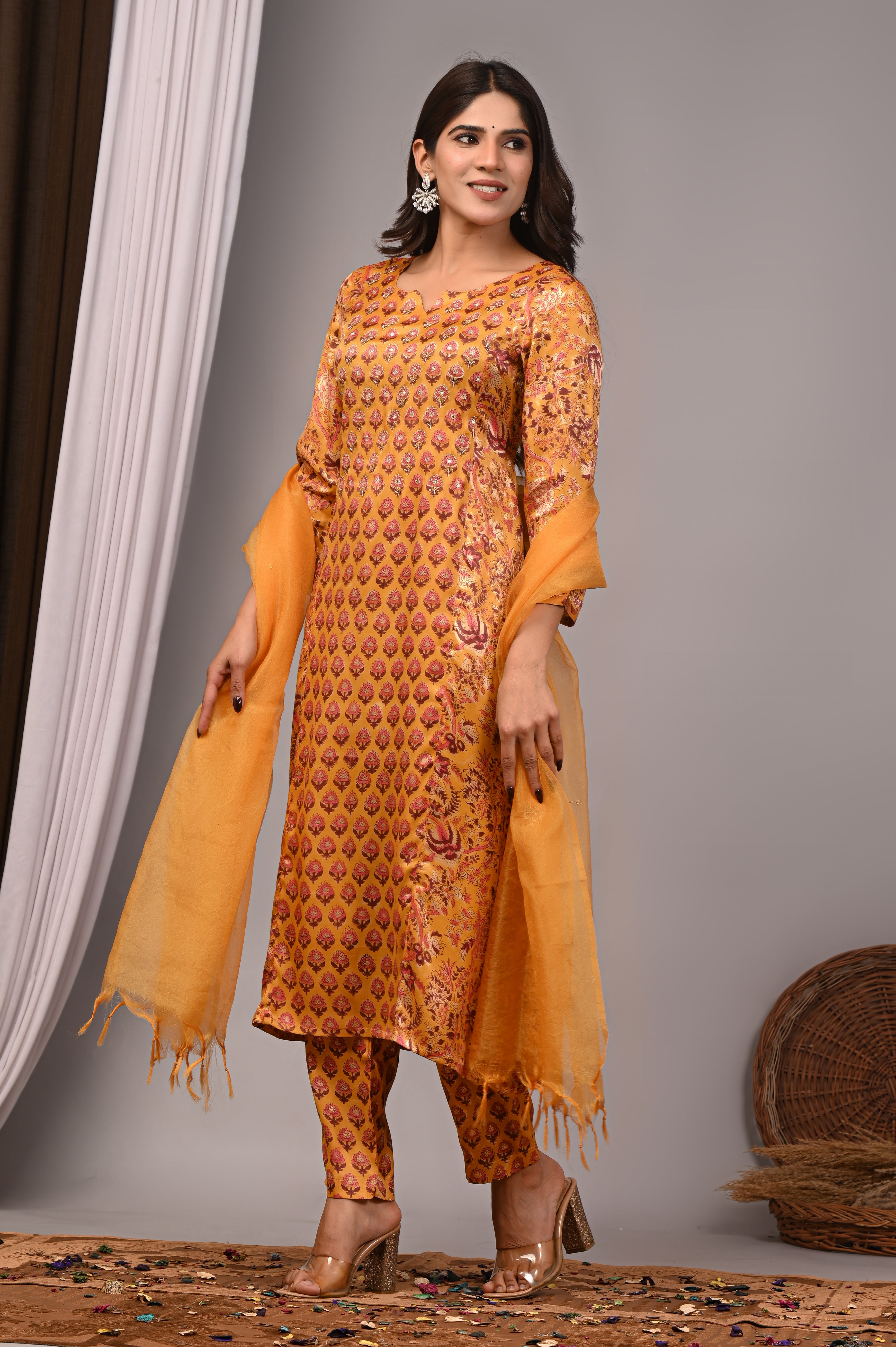 Honey Amber Hand-Embroidered Silk Suit Set
