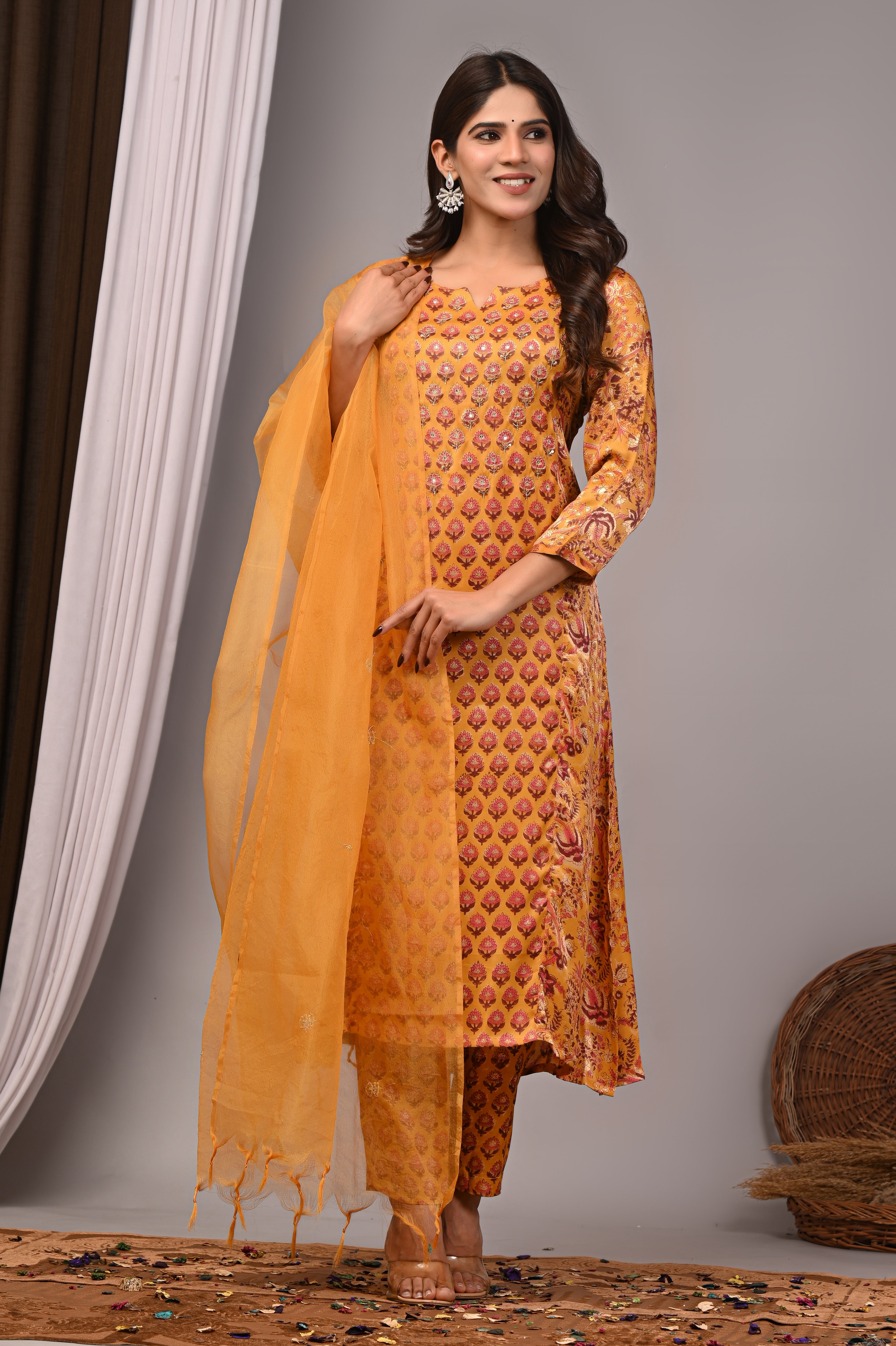 Honey Amber Hand-Embroidered Silk Suit Set