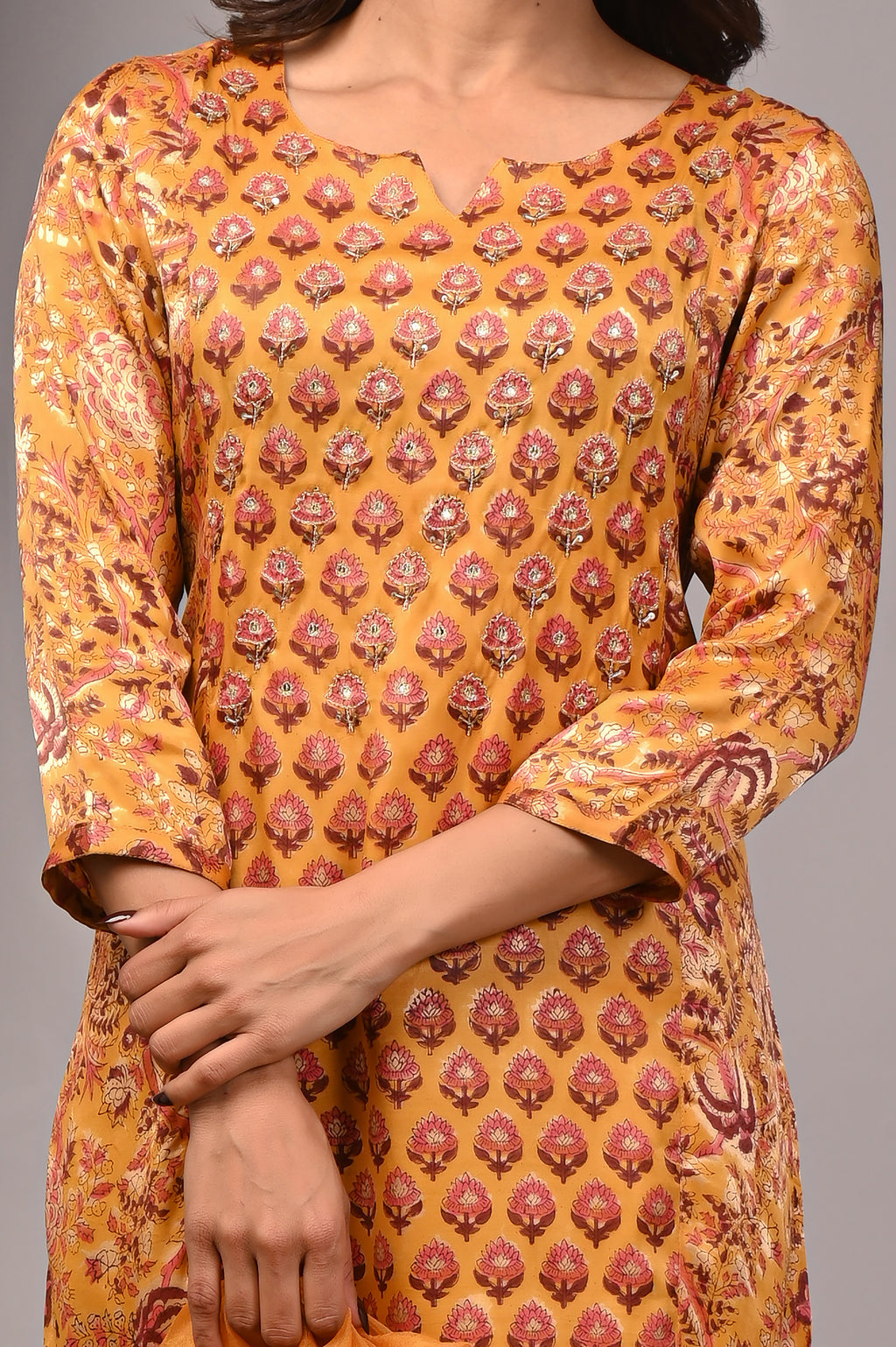 Honey Amber Hand-Embroidered Silk Suit Set