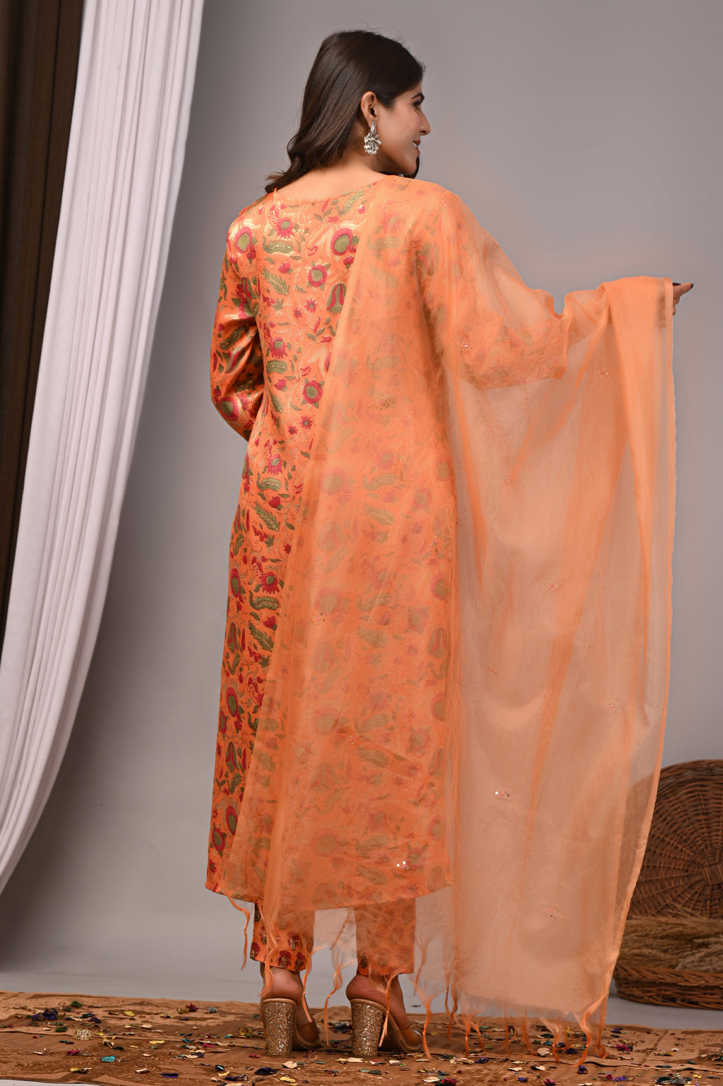 Coral Blossom Hand-Embroidered Silk Suit Set