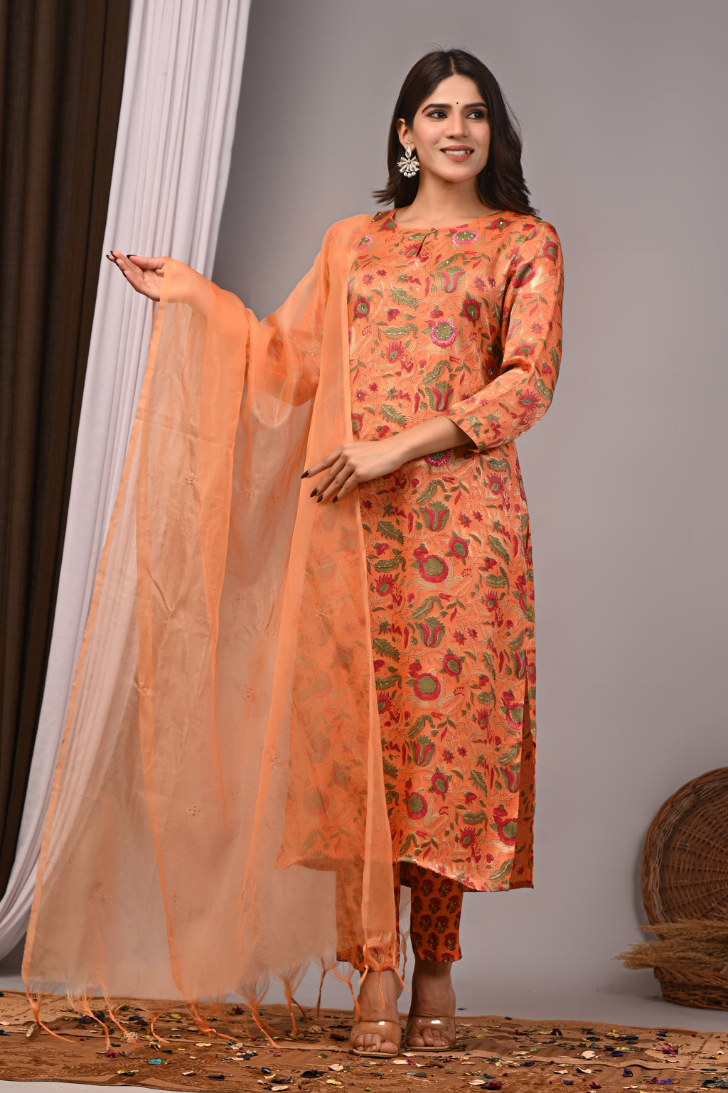 Coral Blossom Hand-Embroidered Silk Suit Set