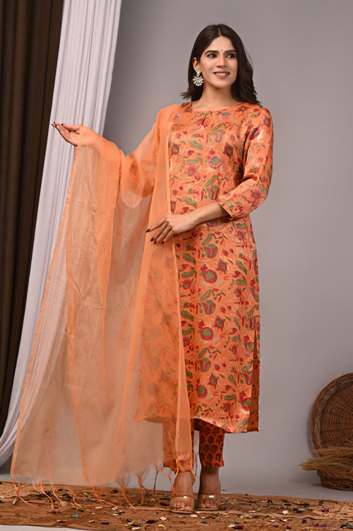 Coral Blossom Hand-Embroidered Silk Suit Set