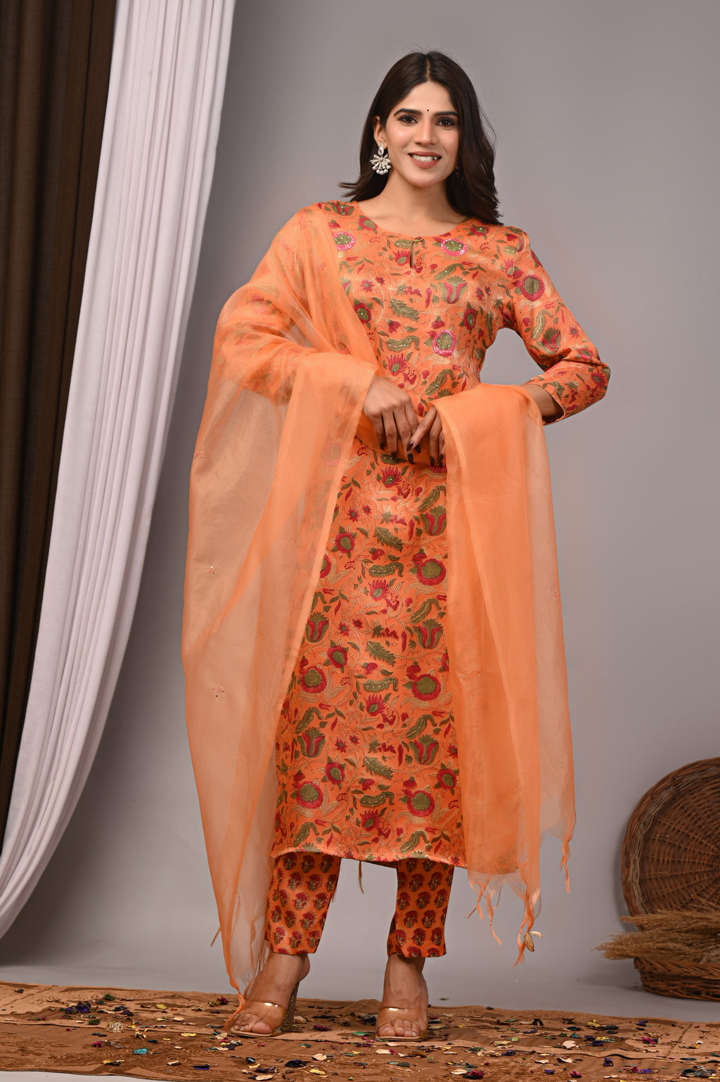 Coral Blossom Hand-Embroidered Silk Suit Set
