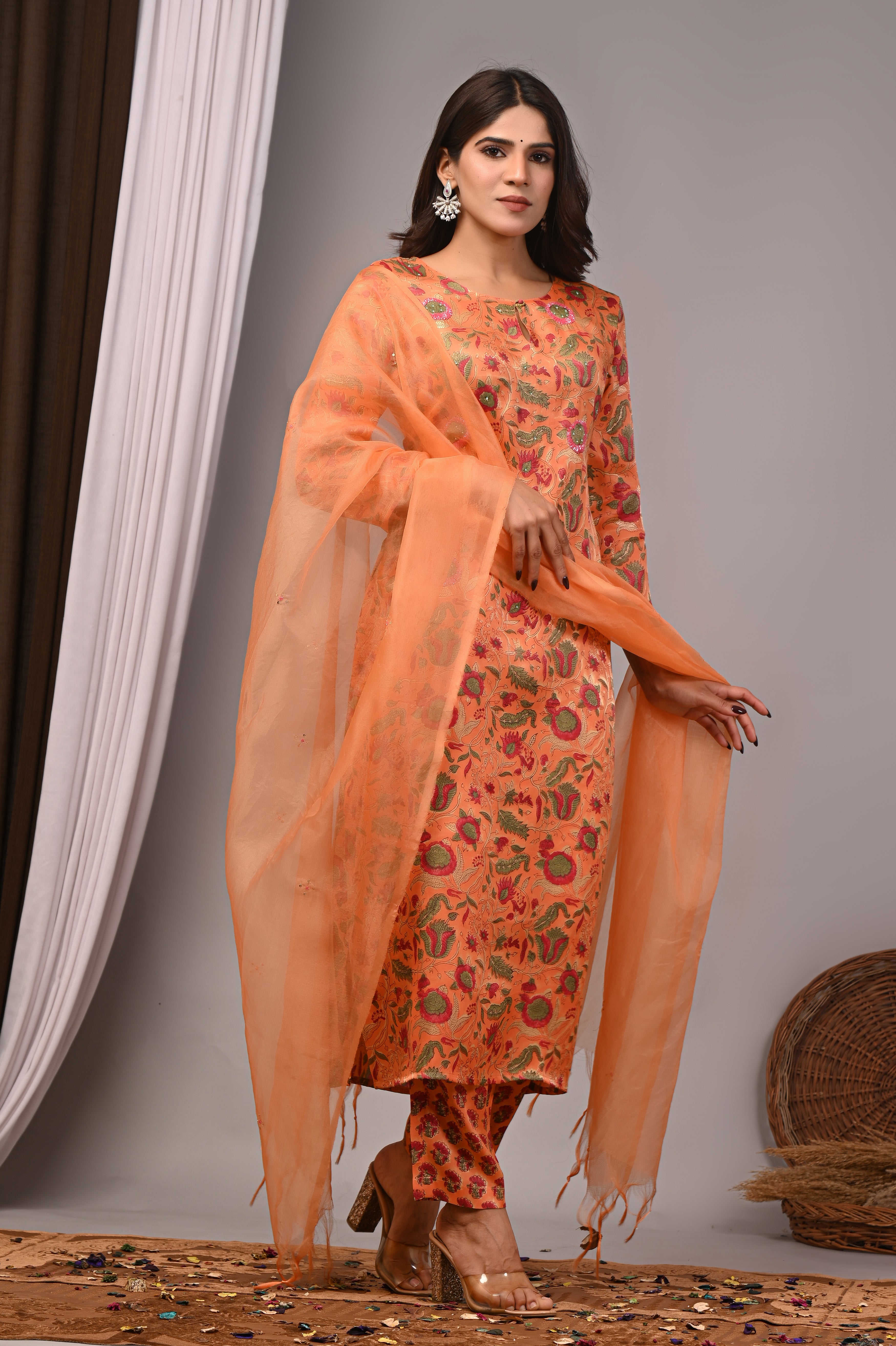Coral Blossom Hand-Embroidered Silk Suit Set
