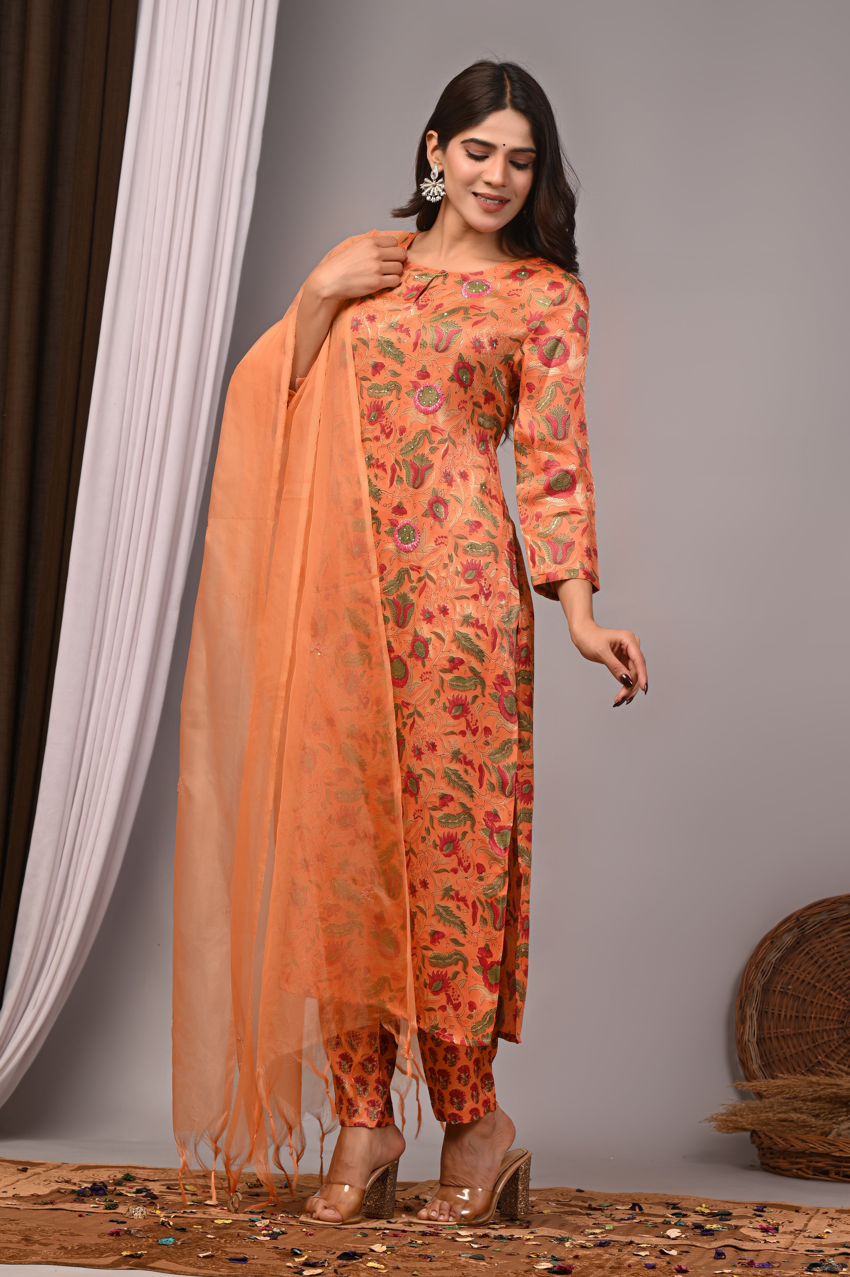Coral Blossom Hand-Embroidered Silk Suit Set