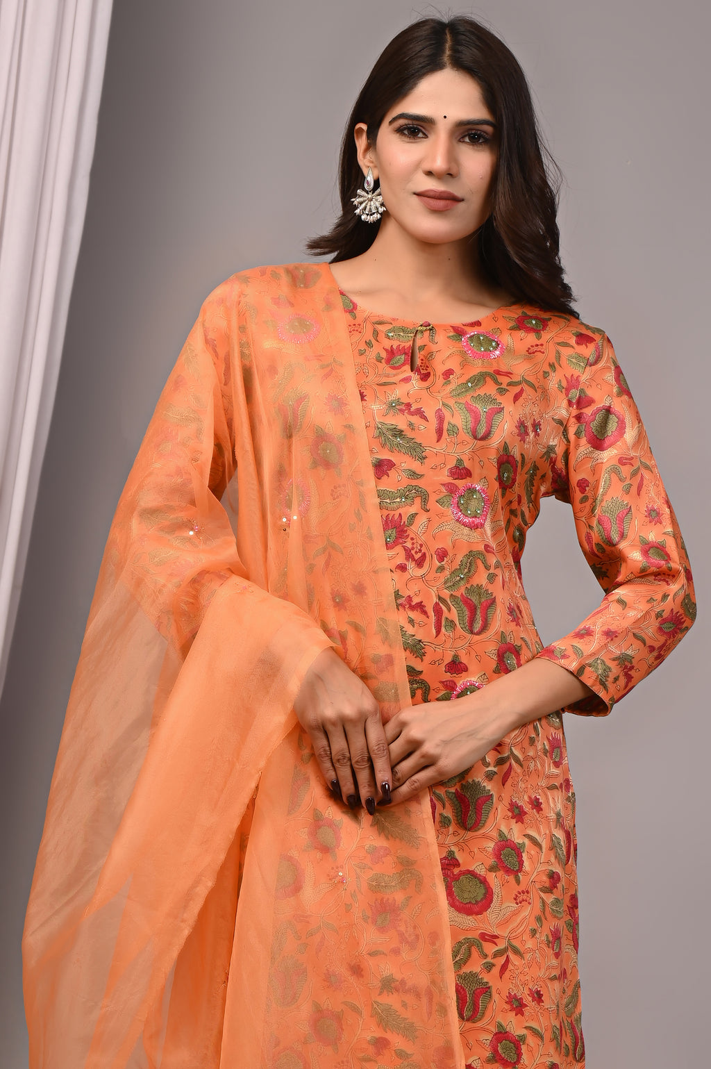 Coral Blossom Hand-Embroidered Silk Suit Set